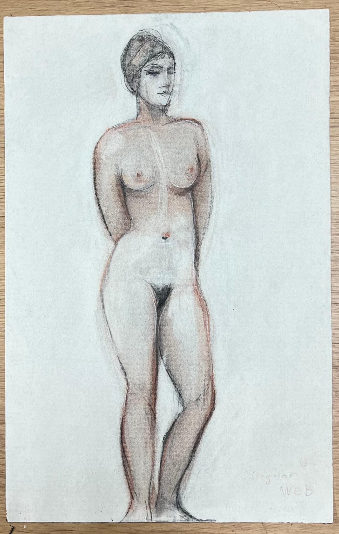1960's Original French Pastel Sketch Standing Nude Portrait - Modern Art by Dagmar Web