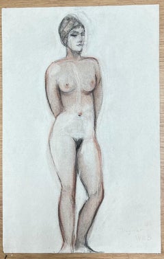 Portrait d'un nu debout, croquis français original au pastel des années 1960