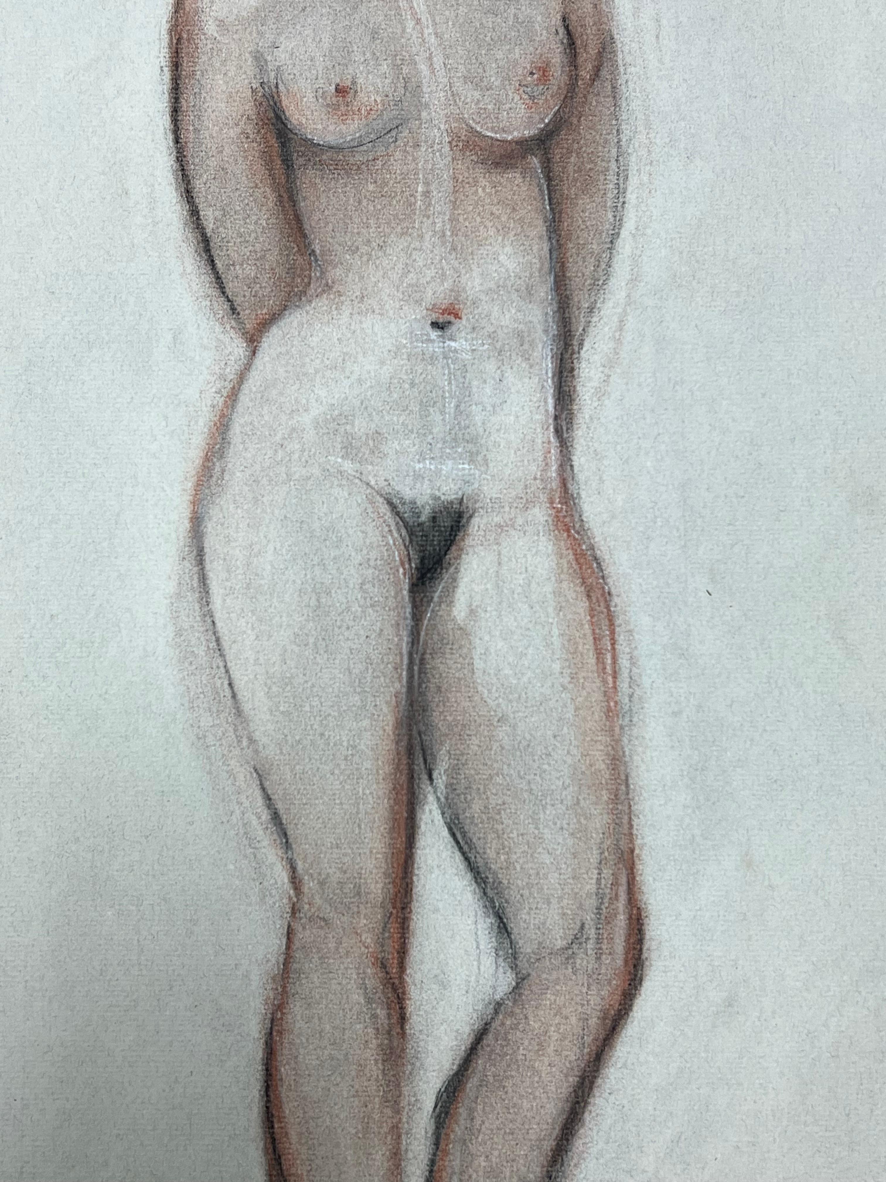 1960's Original French Pastel Sketch Standing Nude Portrait For Sale 1