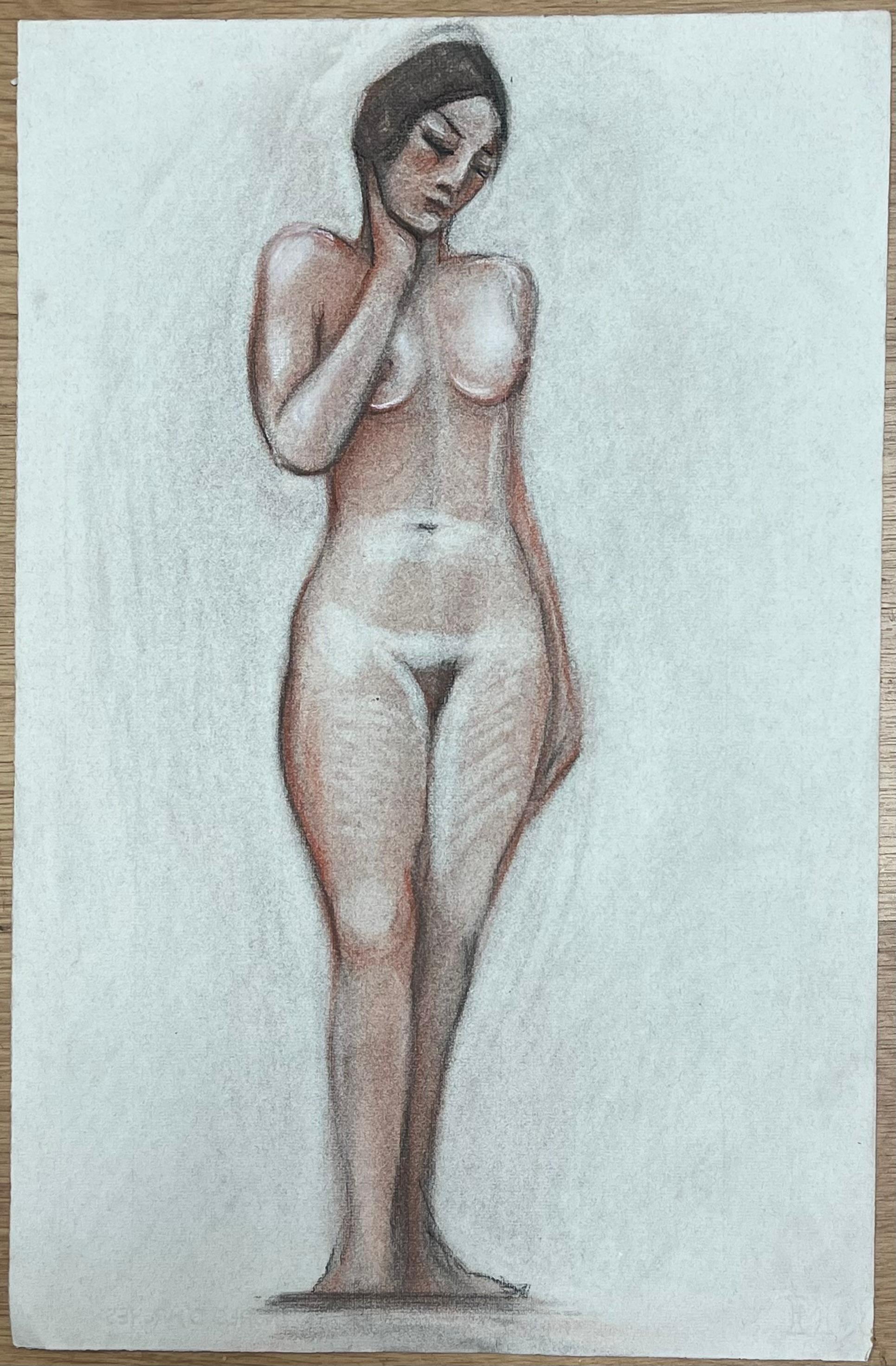 1960's Original French Pastel Sketch Standing Nude Portrait For Sale 4