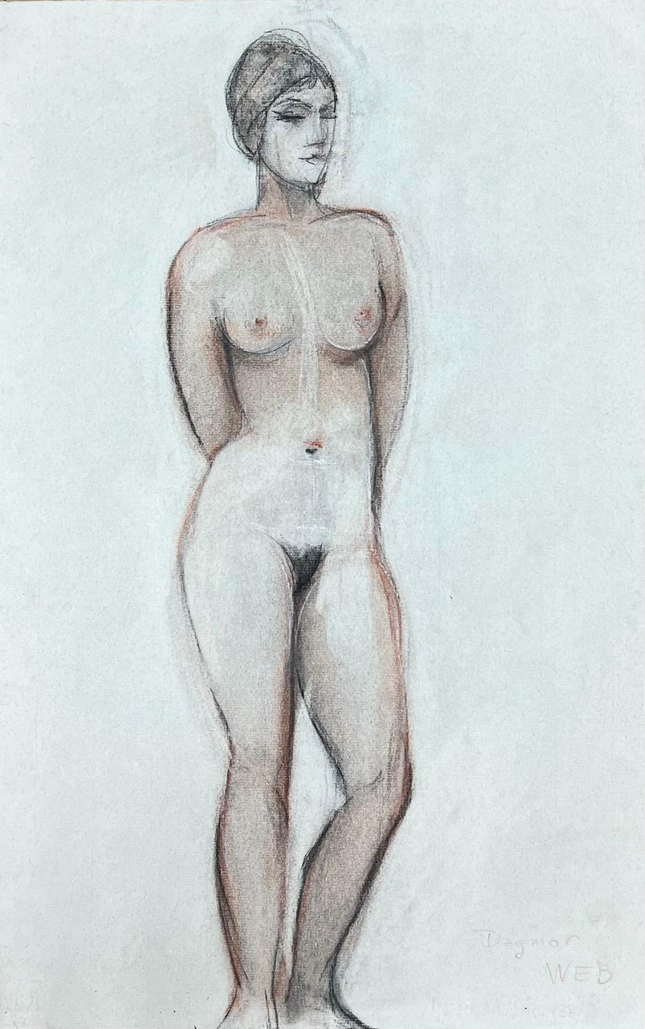 Portrait d'un nu debout, croquis français original au pastel des années 1960