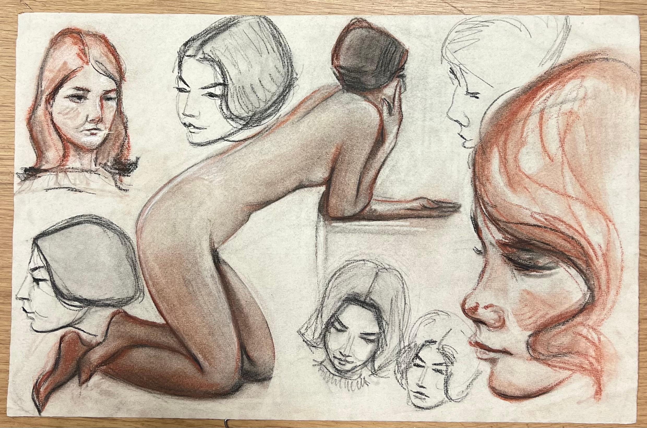 Original French Pastel Expressive Mid-Century Sketches with Detail - Art by Dagmar Web