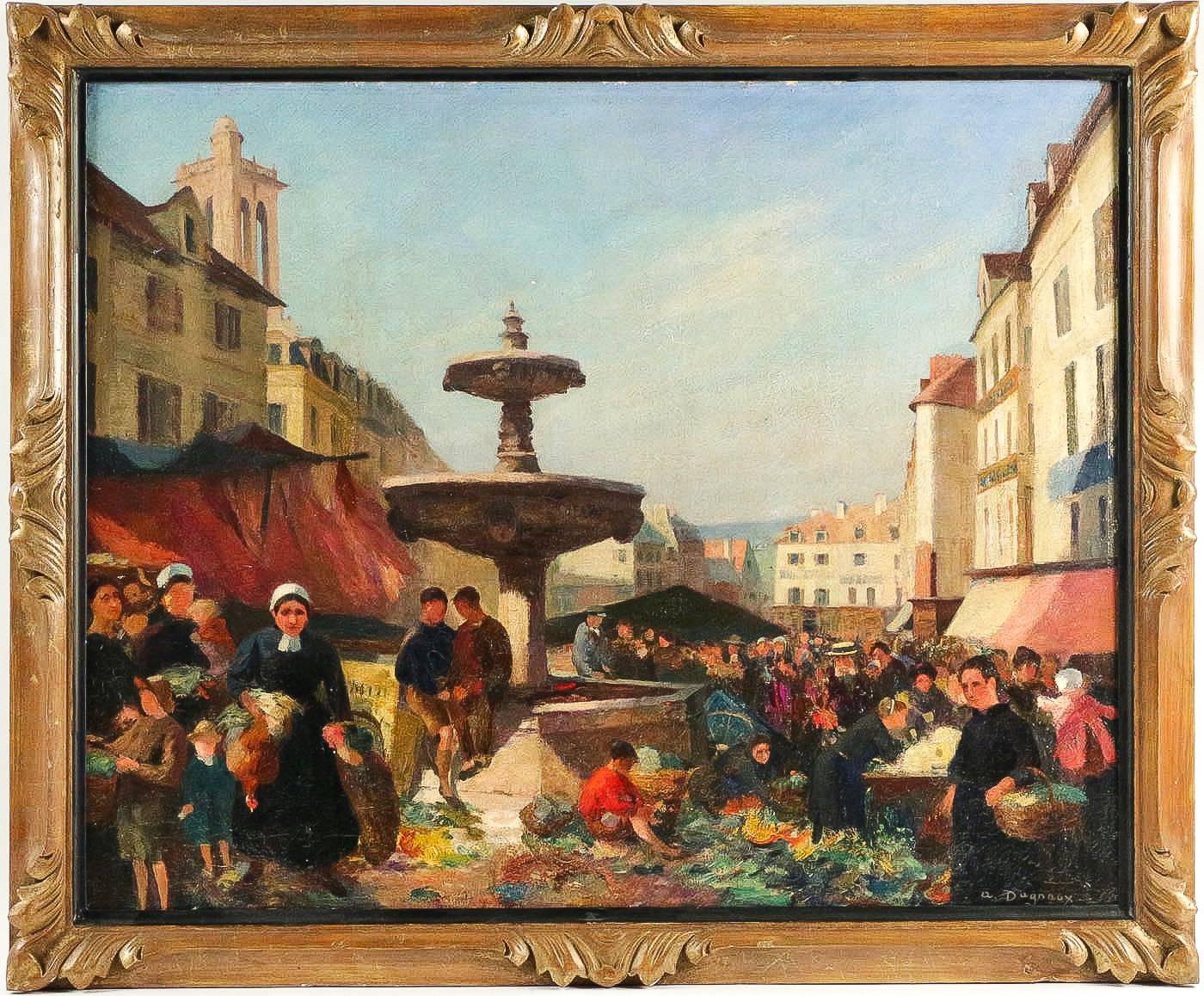 A beautiful and decorative oil on canvas, depicting a market scene on the City Hall Place in the city of Mantes-la Jolie closed to Paris, circa 1900. Impressive work on the colors which makes this painting very warm.

Our painting is in fine