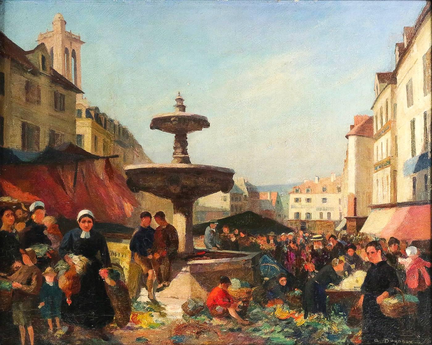 French Dagnaux Albert Oil on Canvas Place de l’Hotel de Ville à Mantes la Jolie, 1900 For Sale