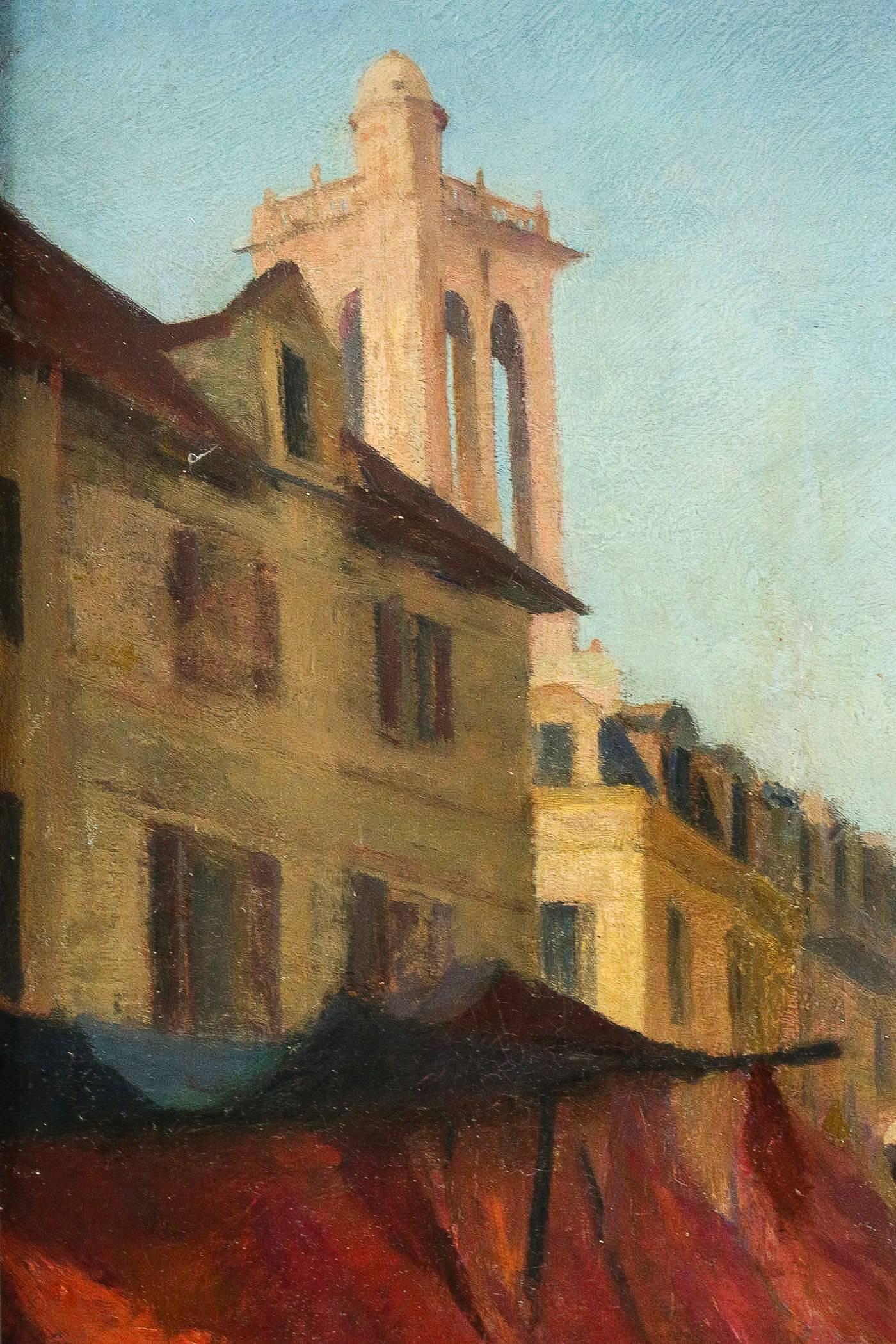 Oiled Dagnaux Albert Oil on Canvas Place de l’Hotel de Ville à Mantes la Jolie, 1900 For Sale