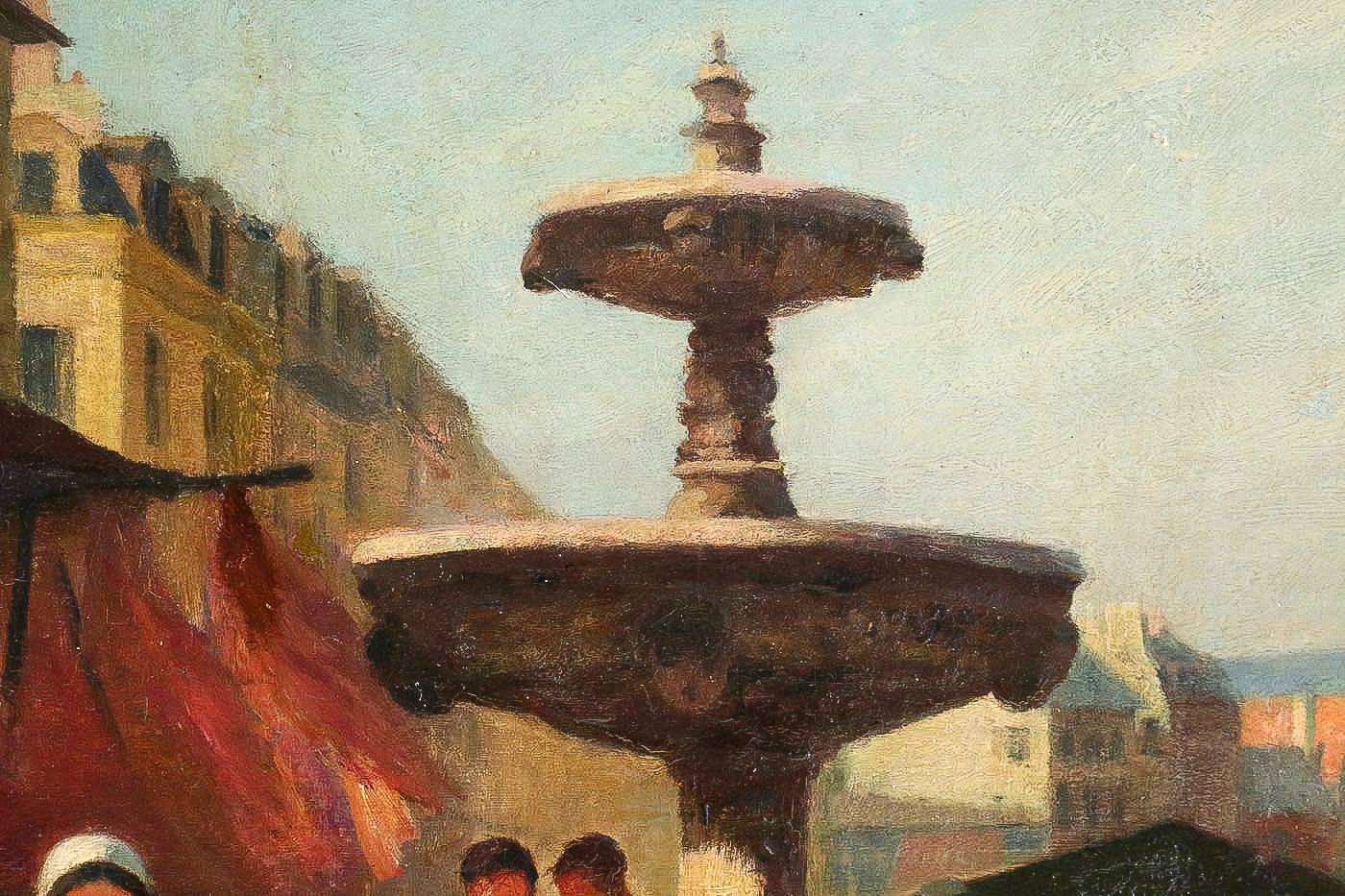 20th Century Dagnaux Albert Oil on Canvas Place de l’Hotel de Ville à Mantes la Jolie, 1900 For Sale