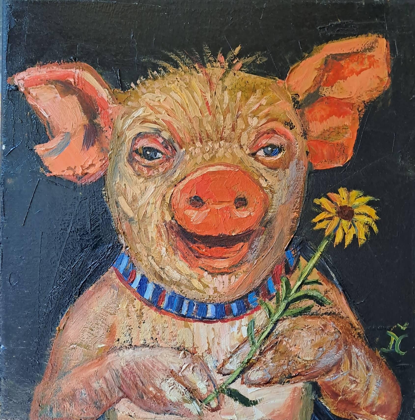 Dagnia Cherevichnika Animal Painting - A flower for you. 2019. Oil on canvas, 20x20 cm