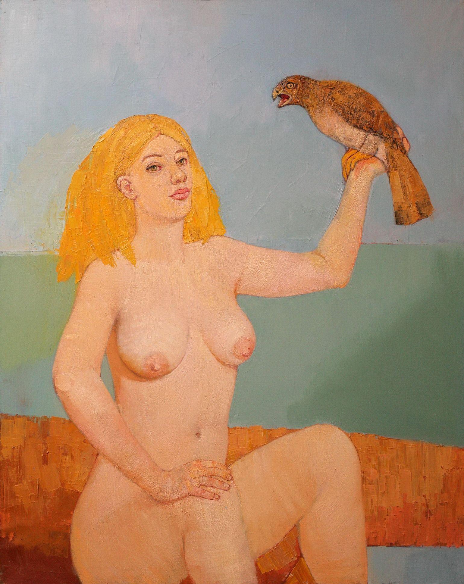 Dagnia Cherevichnika Nude Painting – Mädchen mit einem Falken. Ölgemälde auf Leinwand, 80x60 cm