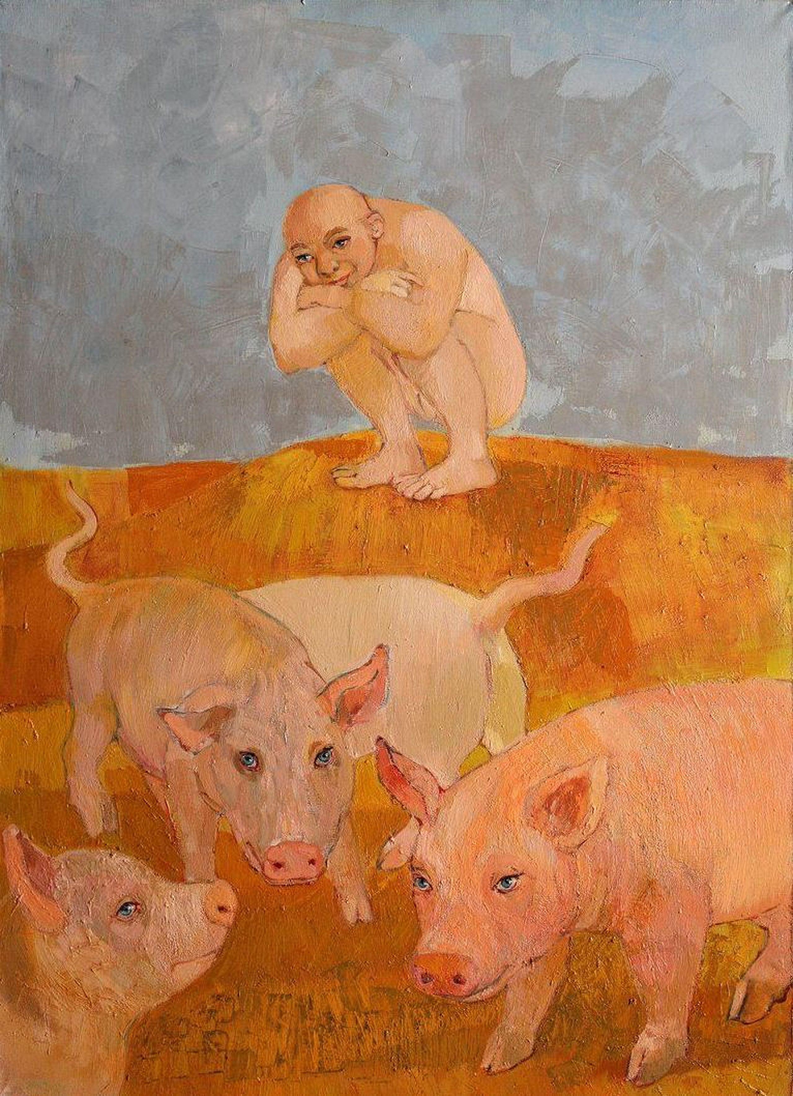 Dagnia Cherevichnika Figurative Painting - Pig herder. 2007. Oil on canvas, 70x50 cm