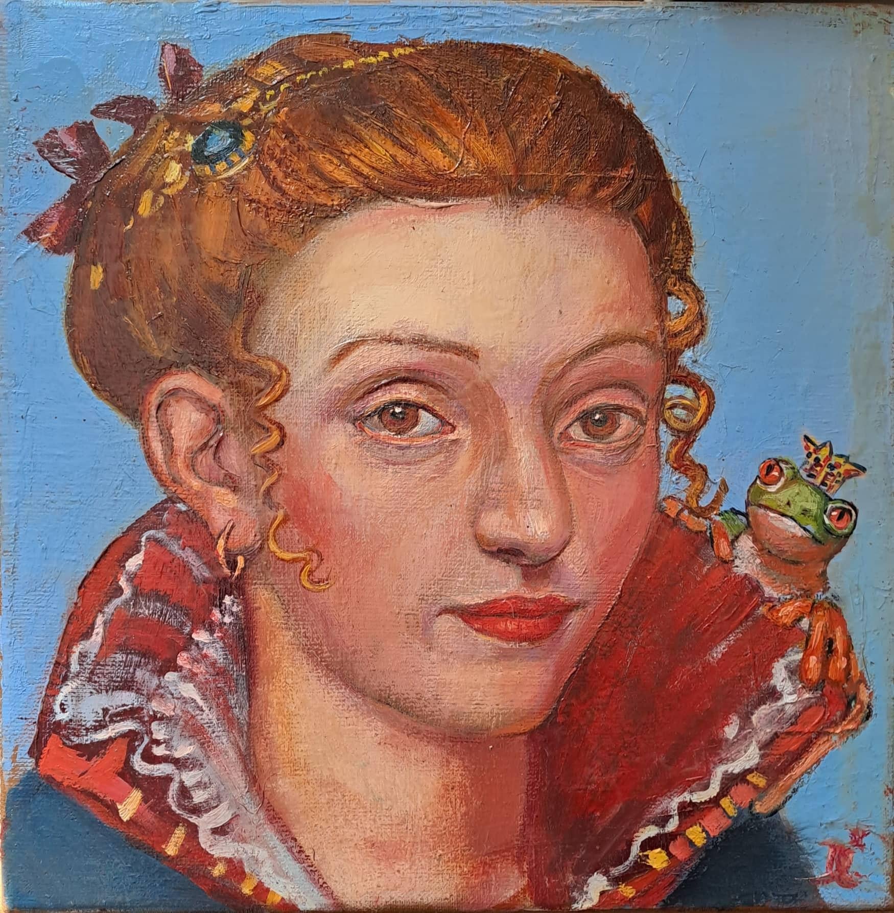Dagnia Cherevichnika Animal Painting – Prinzessin mit einem Frosch. 2014. Ölgemälde auf Leinwand, 20x20 cm