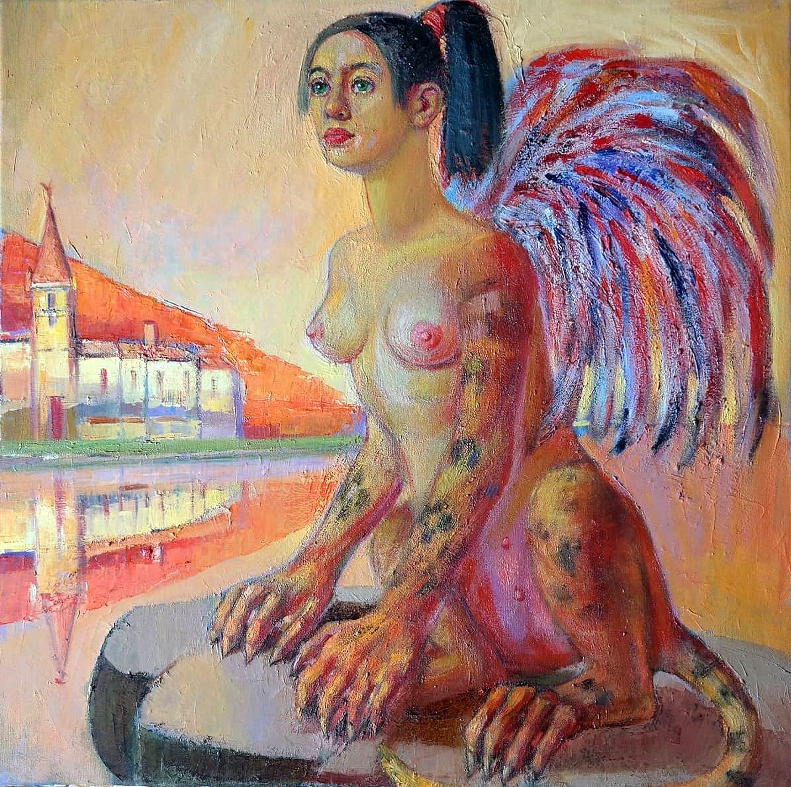 Dagnia Cherevichnika Figurative Painting – Sphinx. 2020. Ölgemälde auf Leinwand, 70x70 cm