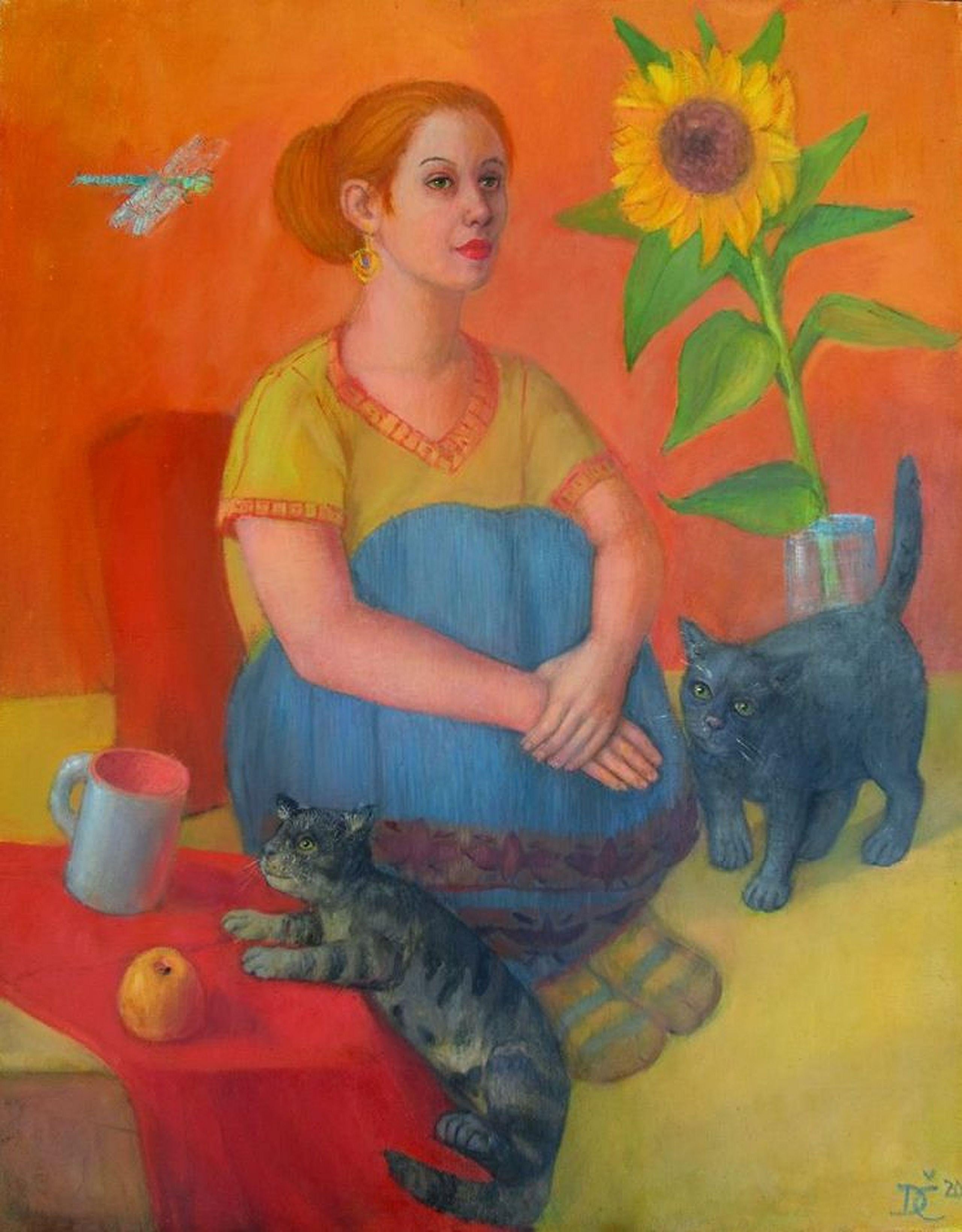 Animal Painting di Dagnia Cherevichnika - L'anno del gatto. Olio su tela, 90x70 cm