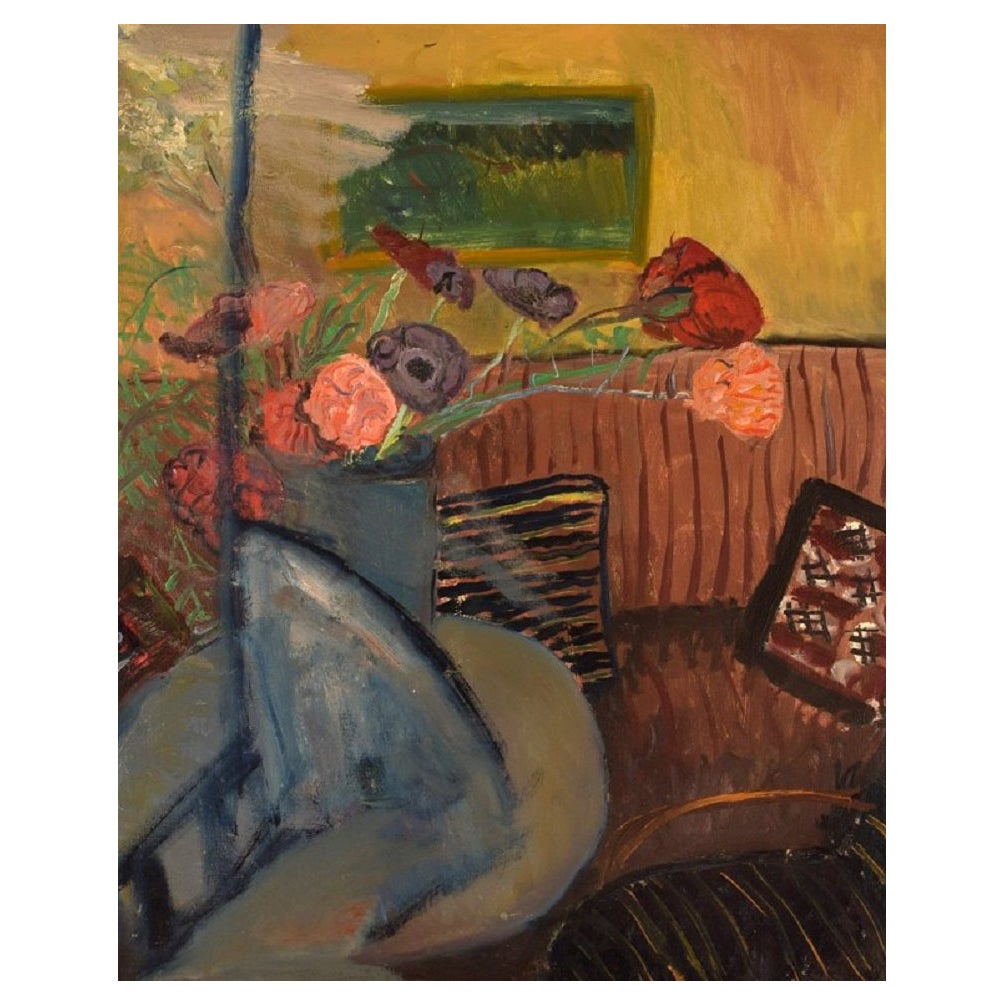 Dagny Cassel '1908-1988', Schweden, Öl auf Leinwand, modernistische Inneneinrichtung mit Blumen