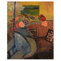 Dagny Cassel '1908-1988', Sweden, Oil on Canvas, Modernist Interior with Flowers