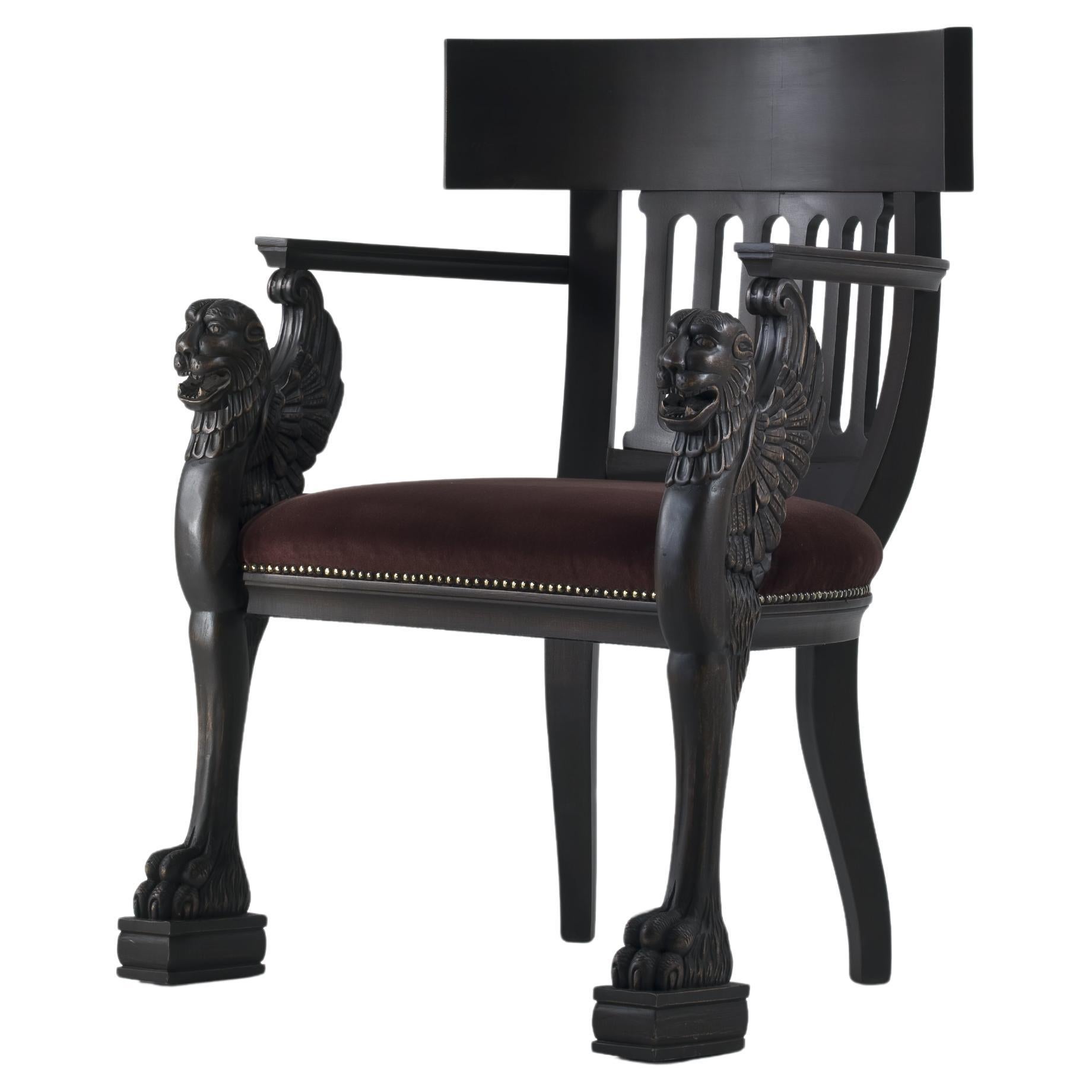 DAGOBERT Carob Hand Carved Armchair in Solid Wood with Griffons and Studs