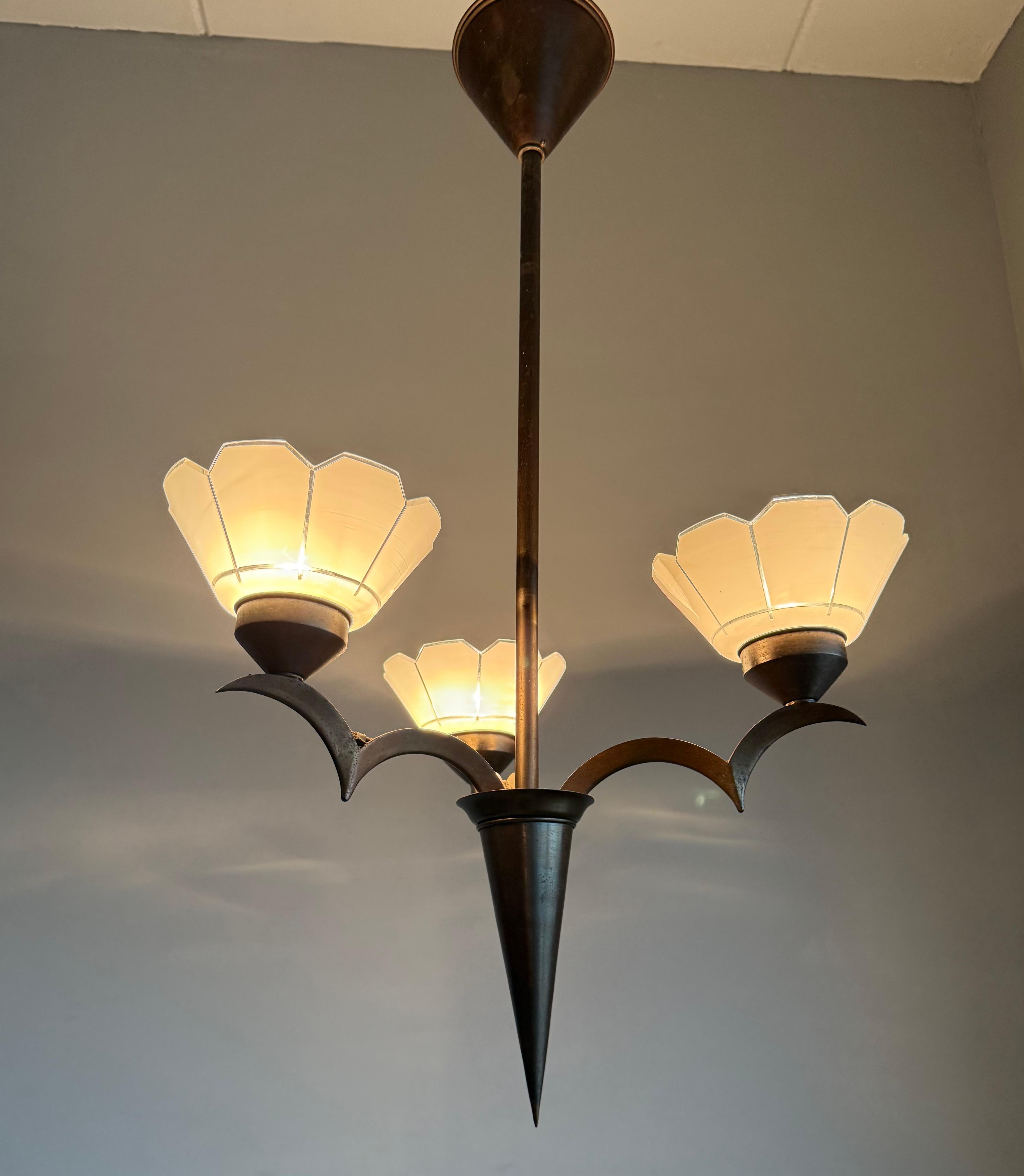 Top Art Deco Chandelier, Stunning Design, Flower Shape with Finest Glass Shades For Sale 3