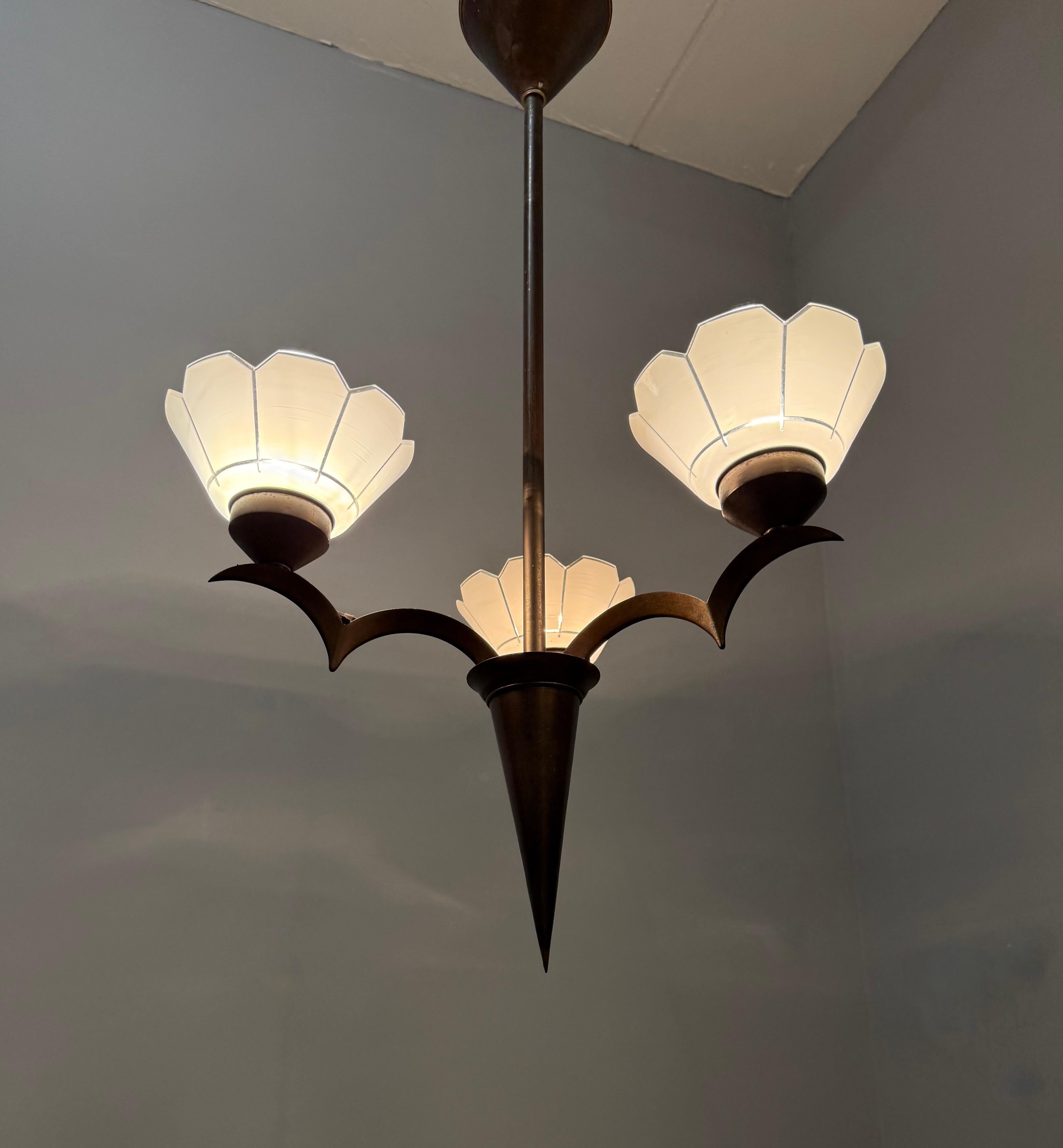 Top Art Deco Chandelier, Stunning Design, Flower Shape with Finest Glass Shades For Sale 9