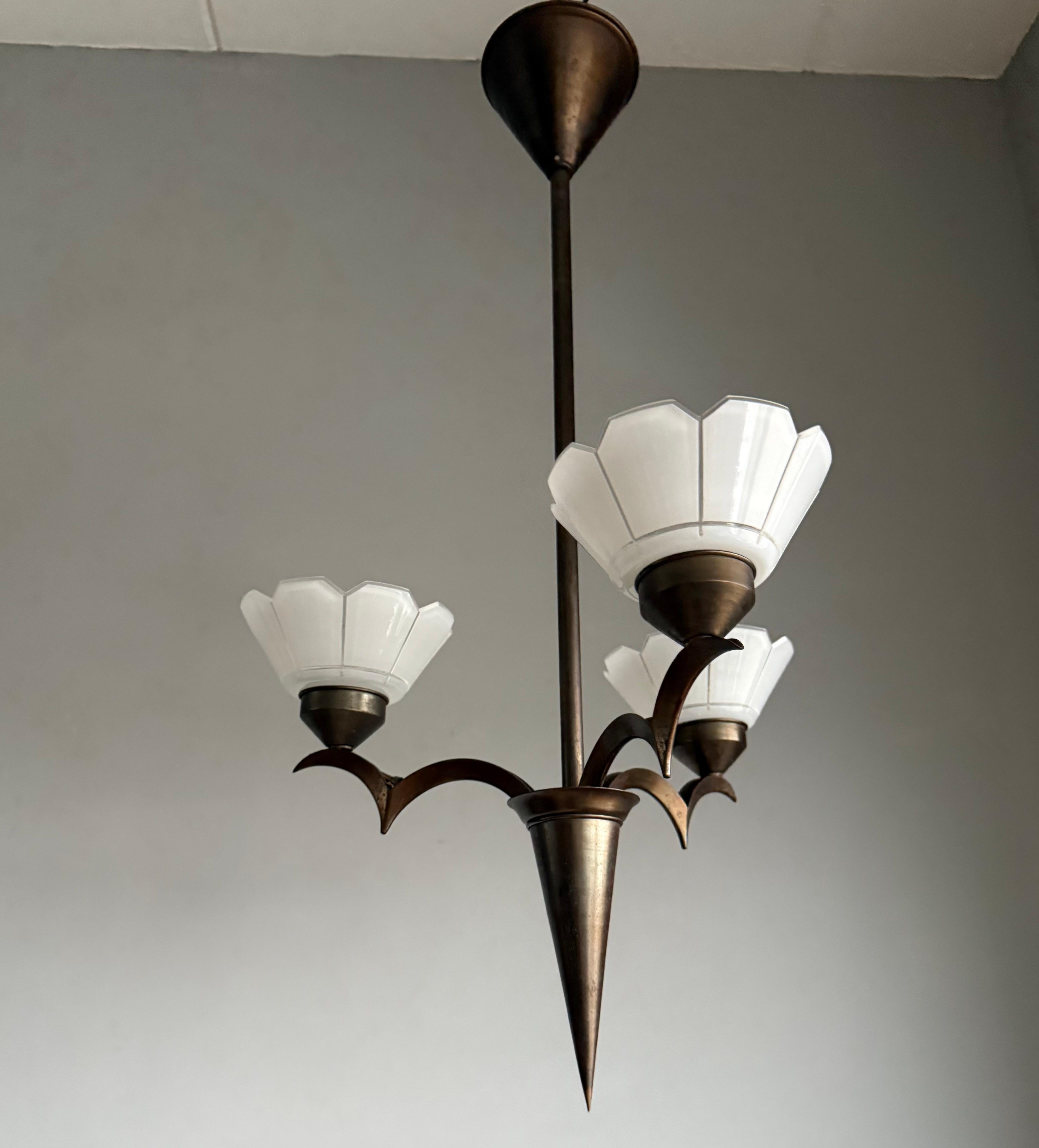 European Top Art Deco Chandelier, Stunning Design, Flower Shape with Finest Glass Shades For Sale