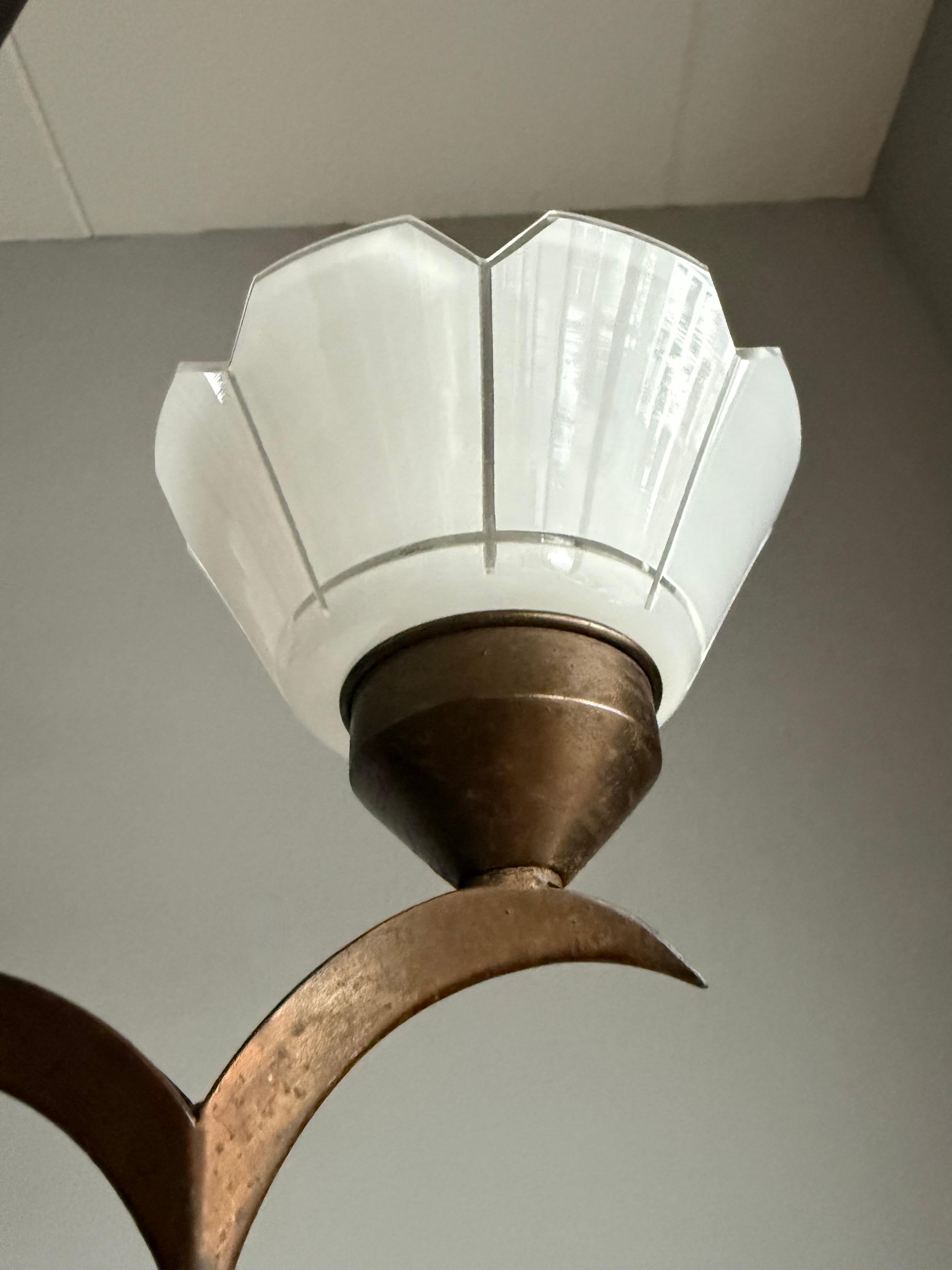 Top Art Deco Chandelier, Stunning Design, Flower Shape with Finest Glass Shades In Excellent Condition For Sale In Lisse, NL