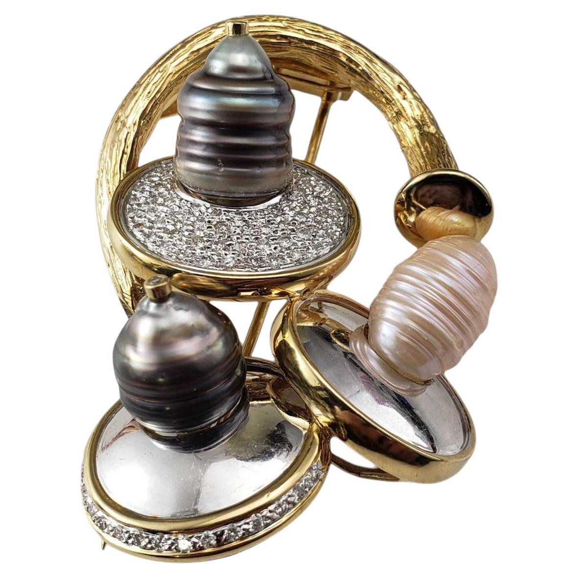 Dagon 18K Yellow Gold and Platinum Pearl Diamond Brooch #20887