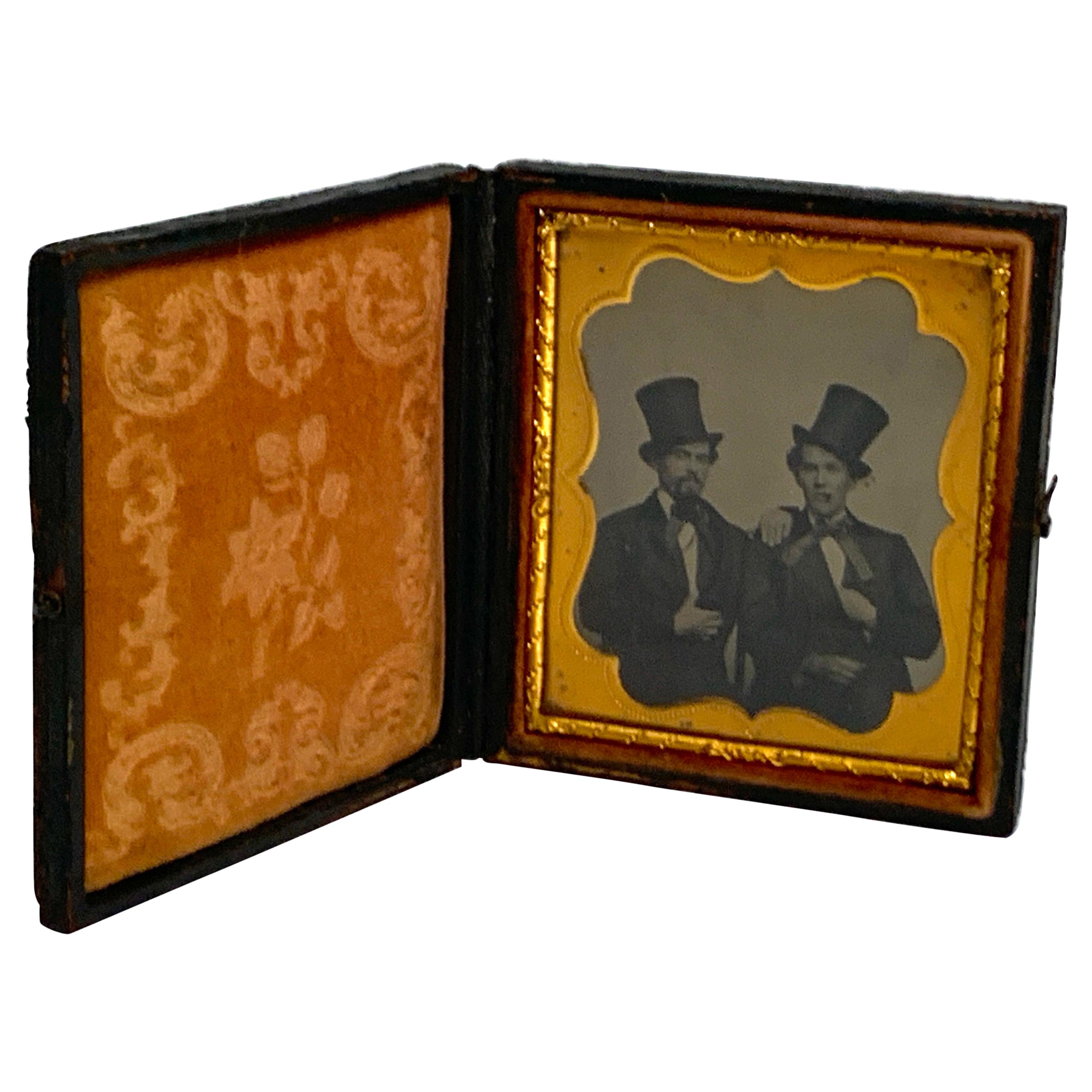 Daguerreotype Portrait of Two Men Embracing, Smoking with Ties and Top Hats For Sale