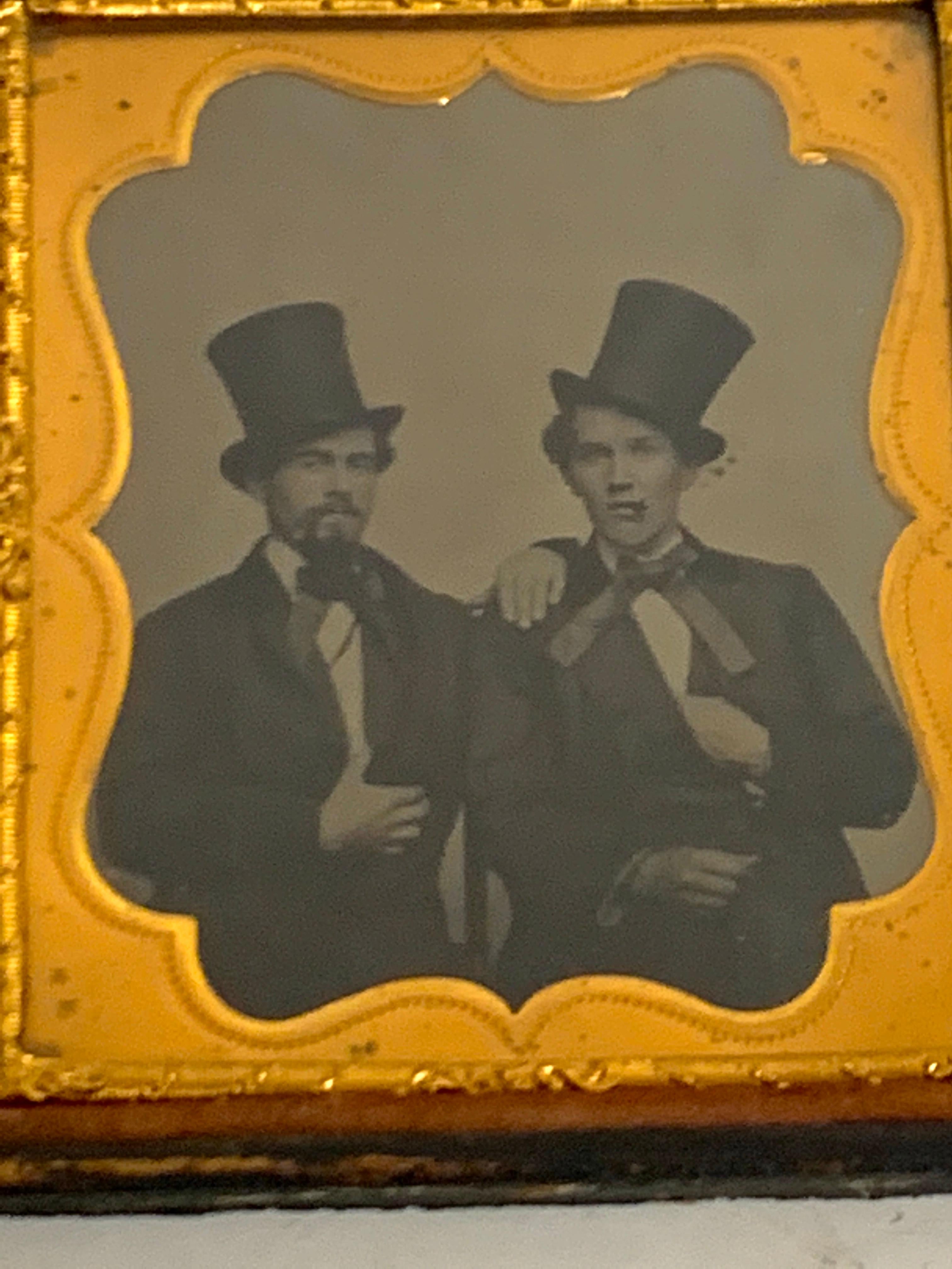 Leather Daguerreotype Portrait of Two Men Embracing, Smoking with Ties and Top Hats For Sale