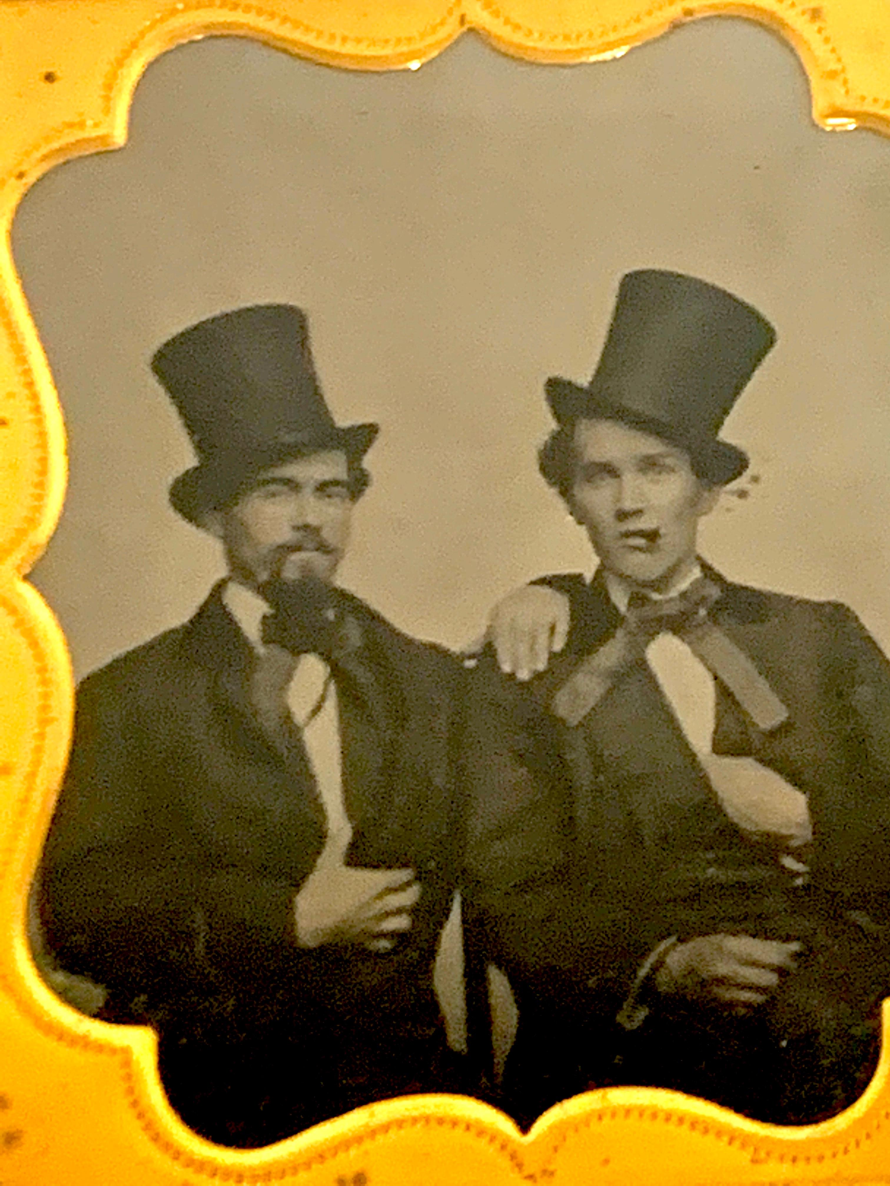 Daguerreotype Portrait of Two Men Embracing, Smoking with Ties and Top Hats For Sale 1