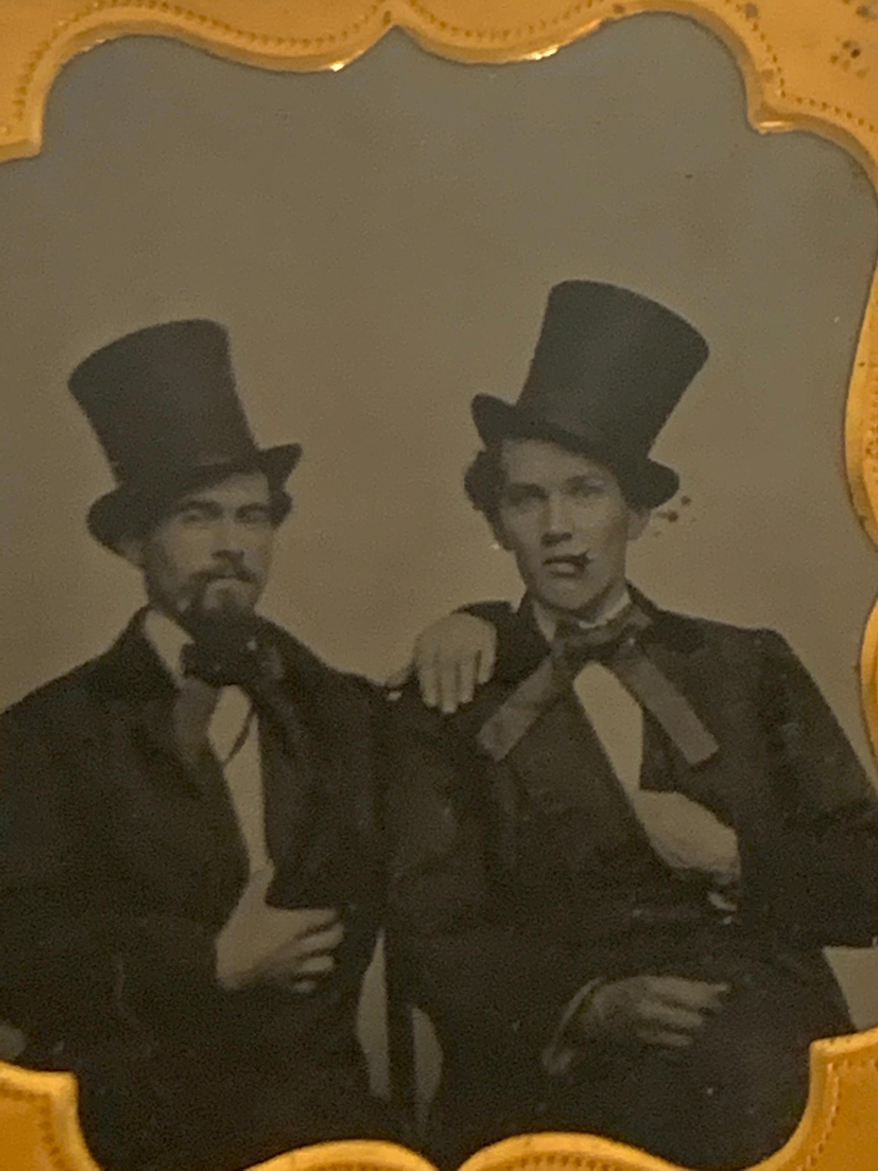 Daguerreotype Portrait of Two Men Embracing, Smoking with Ties and Top Hats For Sale 2
