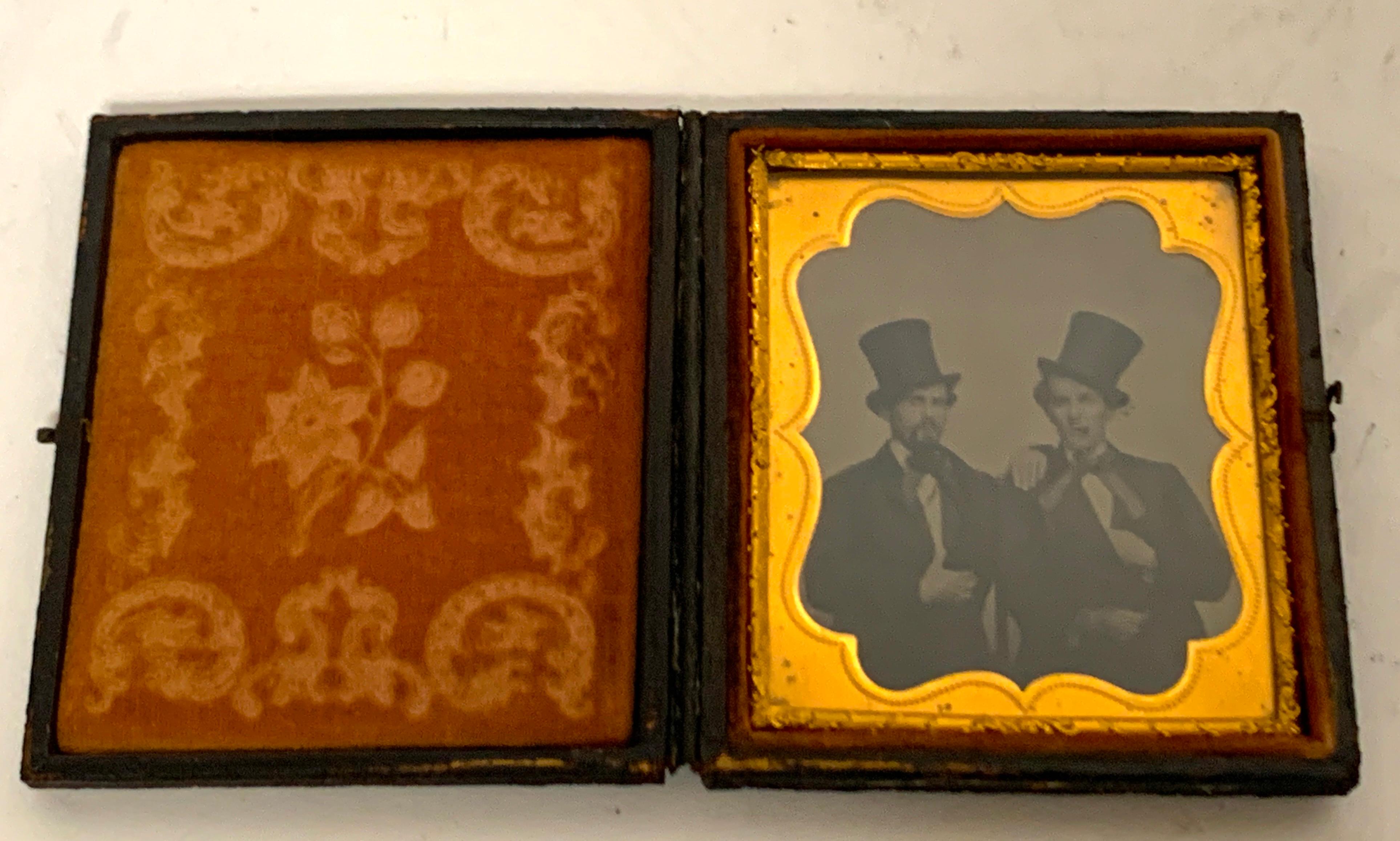 19th Century Daguerreotype Portrait of Two Men Embracing, Smoking with Ties and Top Hats For Sale