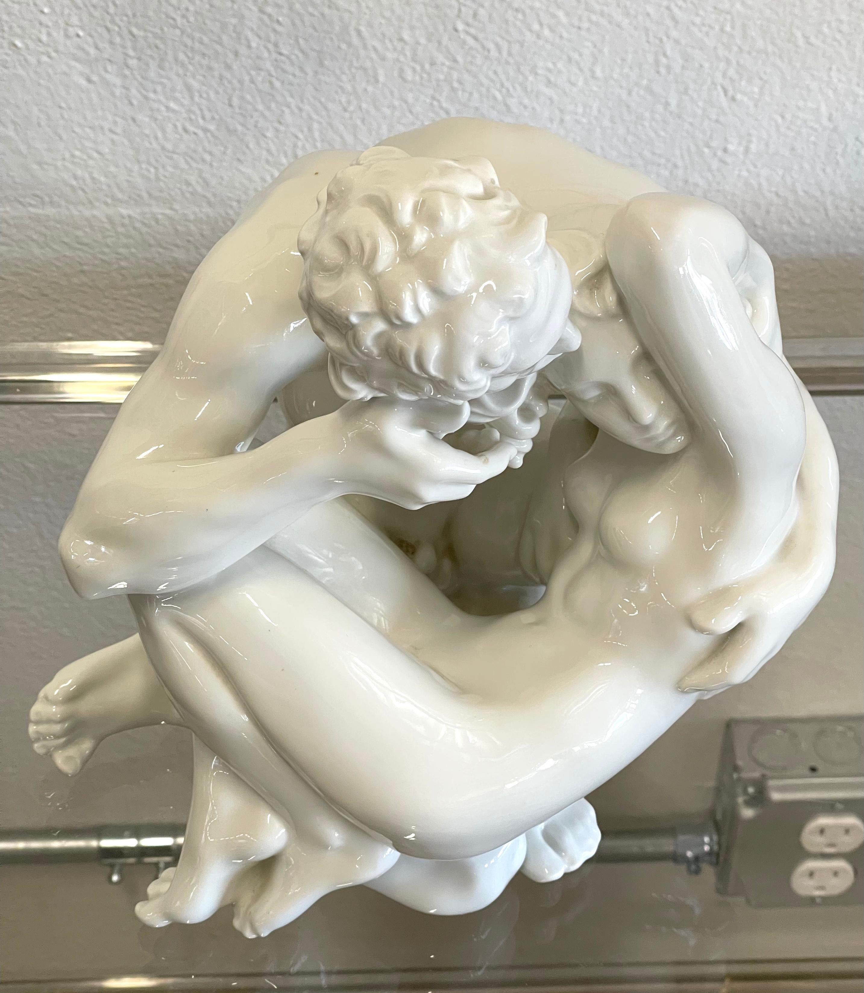 Wonderful sculpture by Dahl Jensen of an embracing couple. Large size version. Numbered 1184 and signed on the base. Impressed DJ as well. In excellent condition. 10 inches tall.