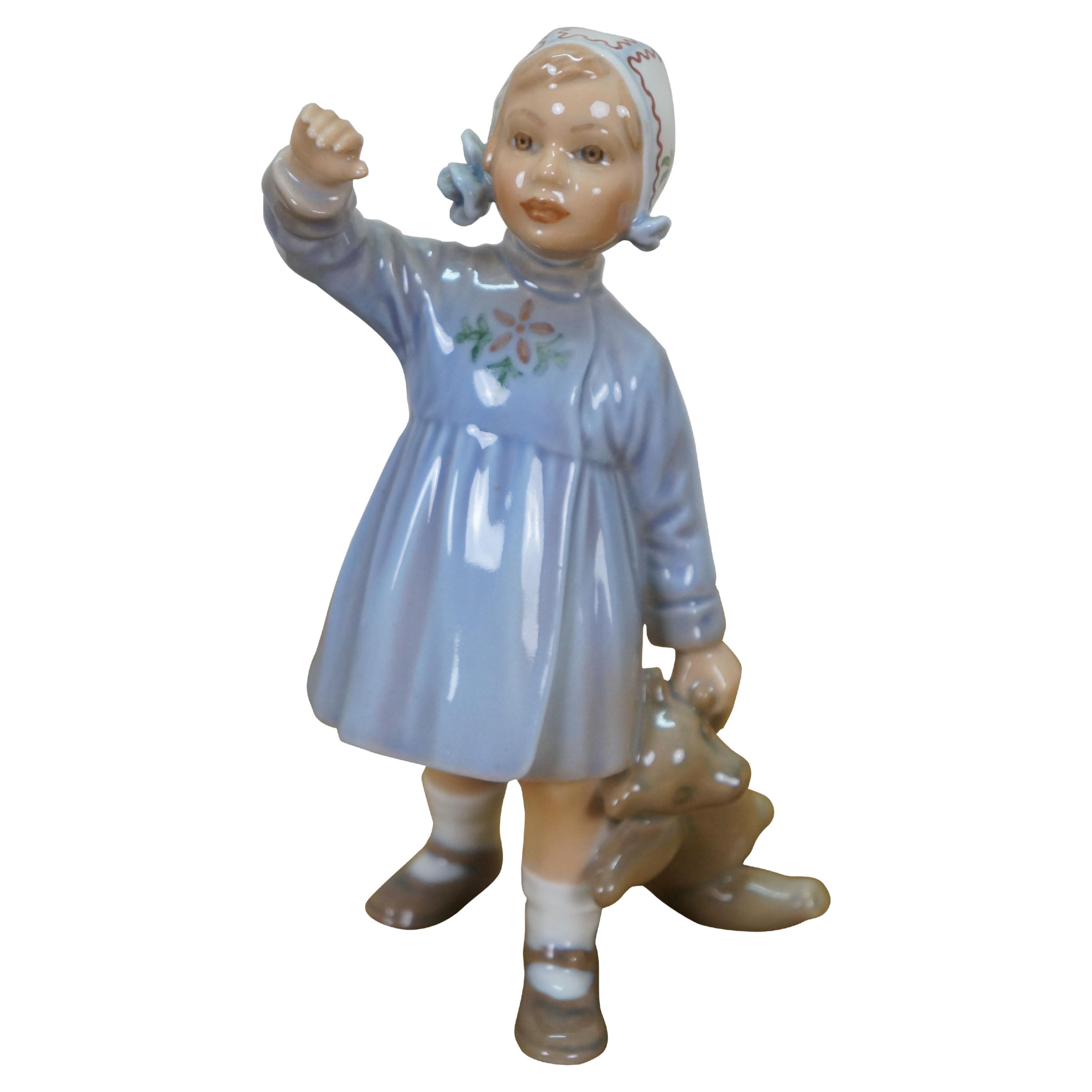 Dahl Jensen Denmark #1152 Porcelain Girl with Teddy Bear Figurine 6" For Sale