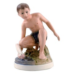 Antique Dahl Jensen Porcelain Figurine, Boy with Boat, Model Number 1245