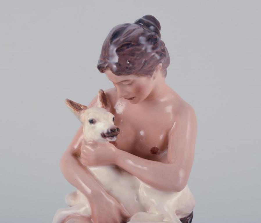 20th Century Dahl Jensen porcelain figurine, girl with fawn. For Sale