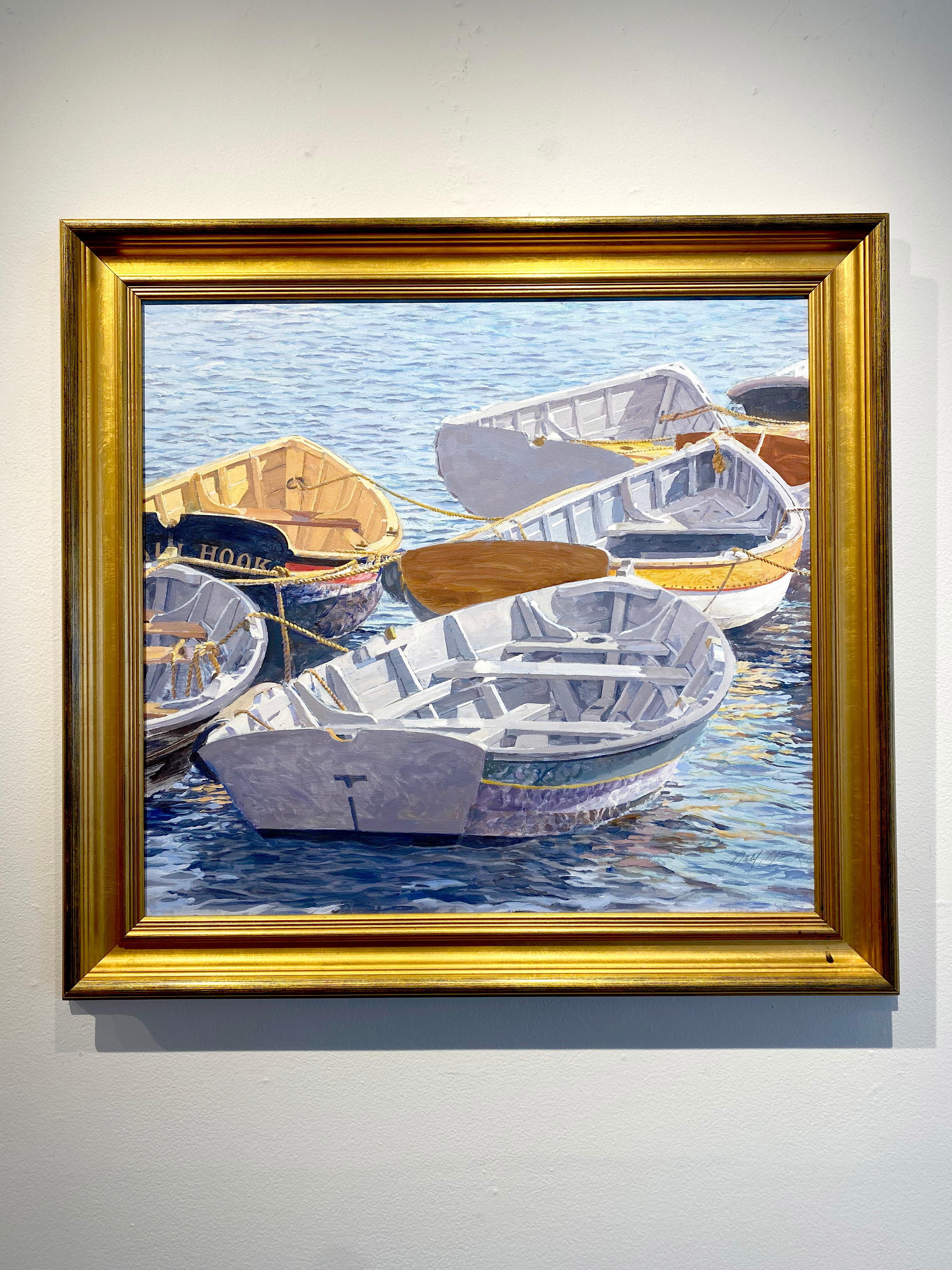 Peinture à l'huile sur toile « Dinghies » de Dahl Taylor, 24x26, représentant des bateaux et de l'eau en vente 1