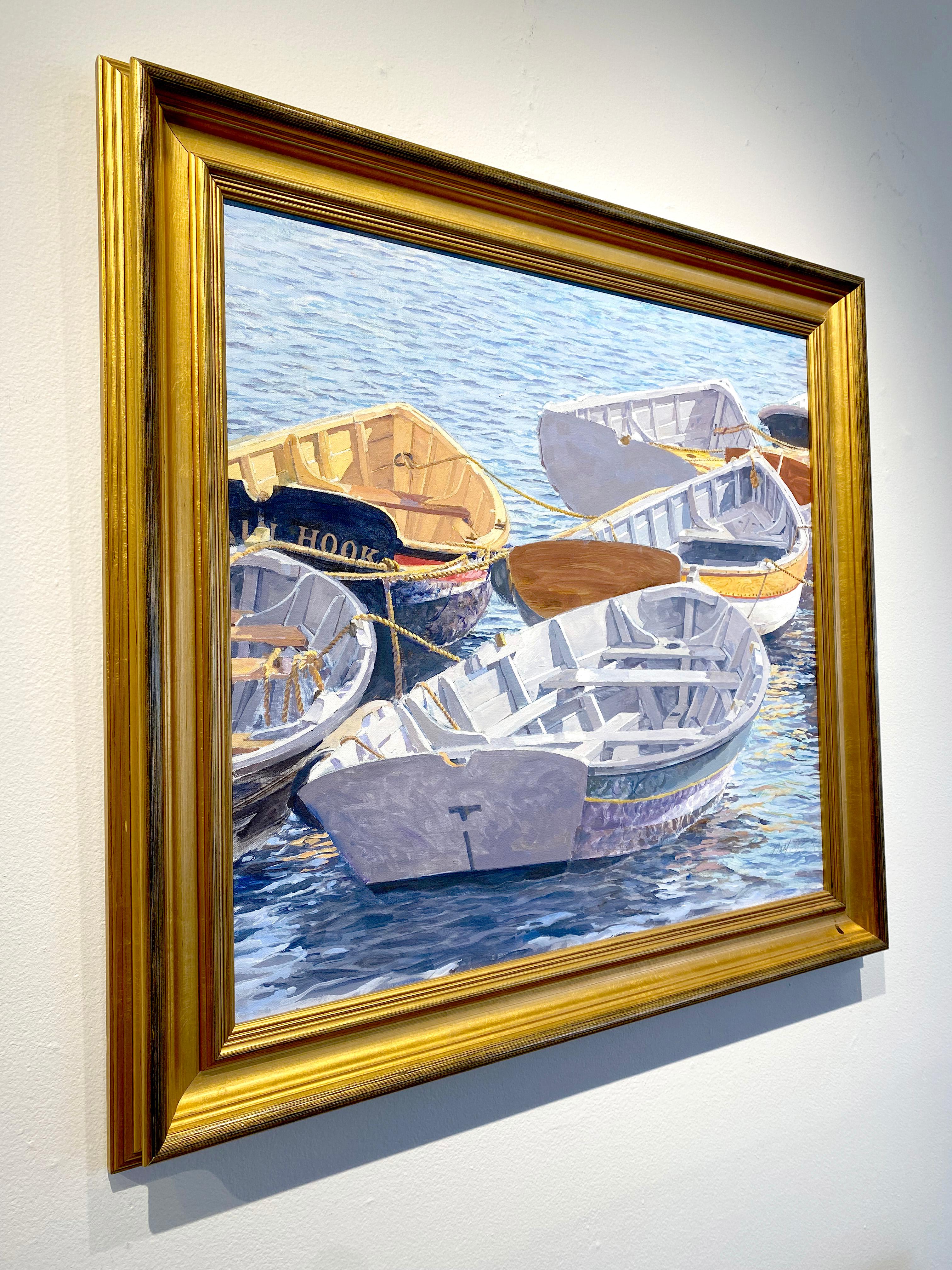 Peinture à l'huile sur toile « Dinghies » de Dahl Taylor, 24x26, représentant des bateaux et de l'eau en vente 2