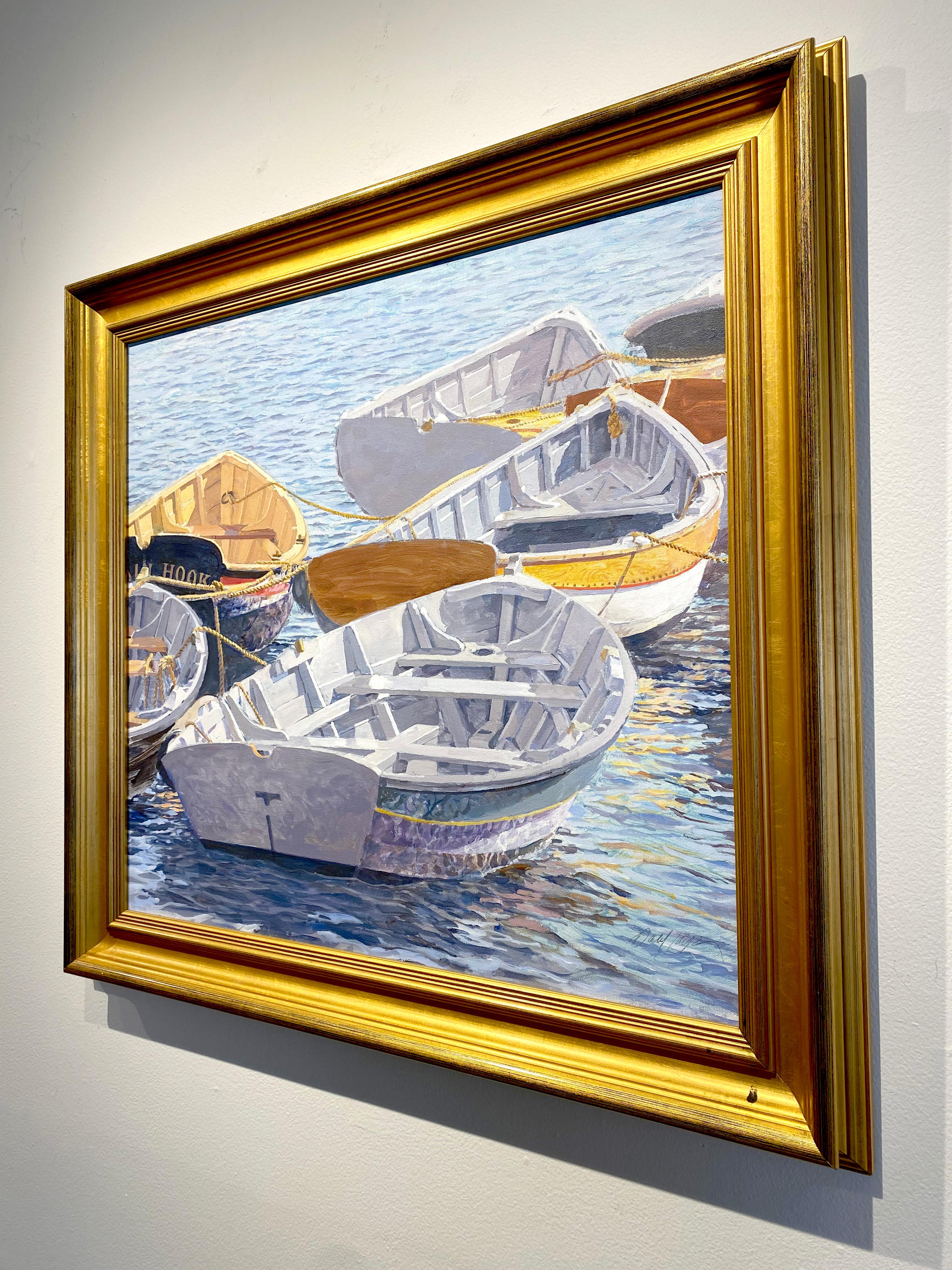 Peinture à l'huile sur toile « Dinghies » de Dahl Taylor, 24x26, représentant des bateaux et de l'eau en vente 3