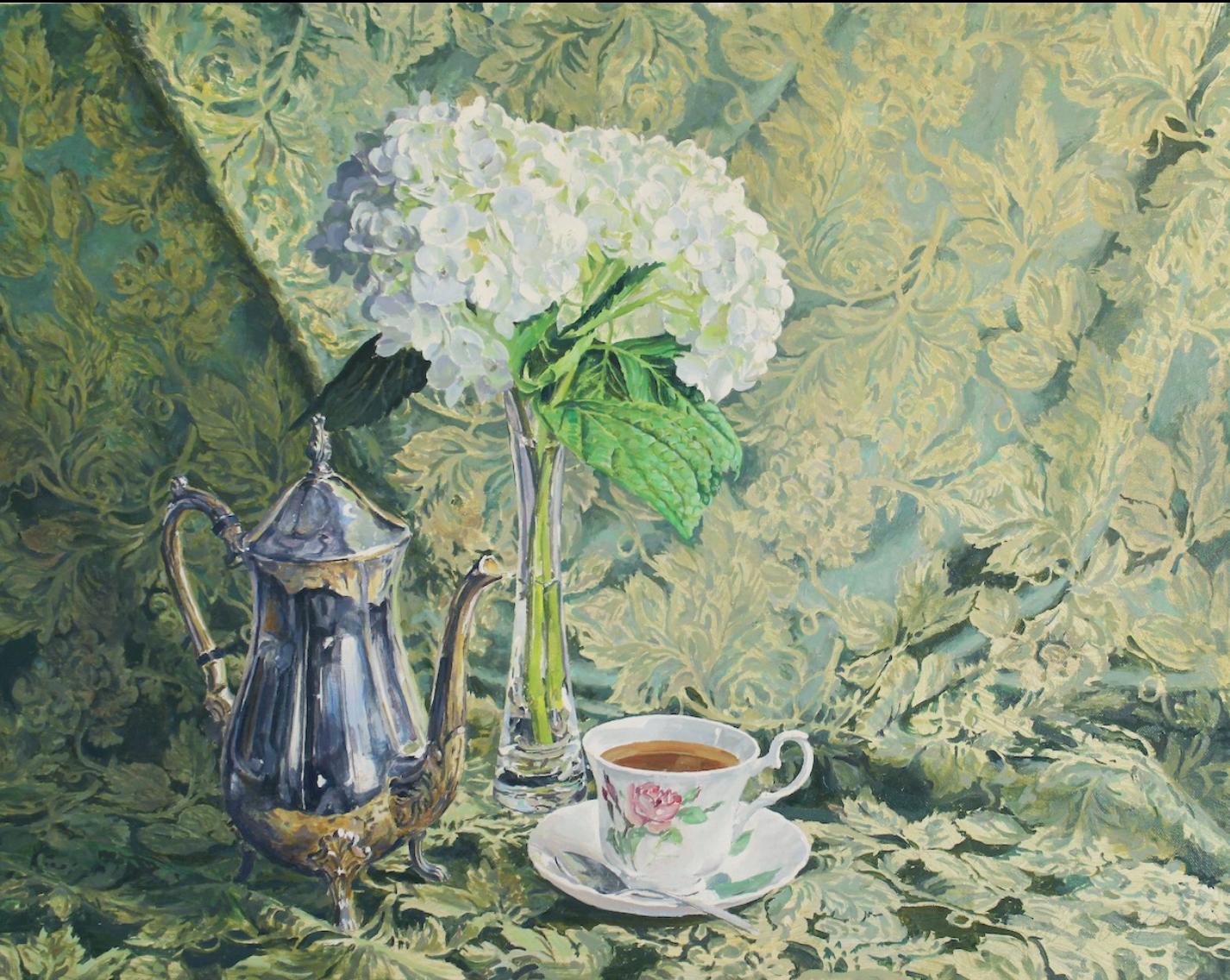 Dahl Taylor, "Hydrangeas and Silver Teapot", 28x34 Tea Still Life Oil Painting 