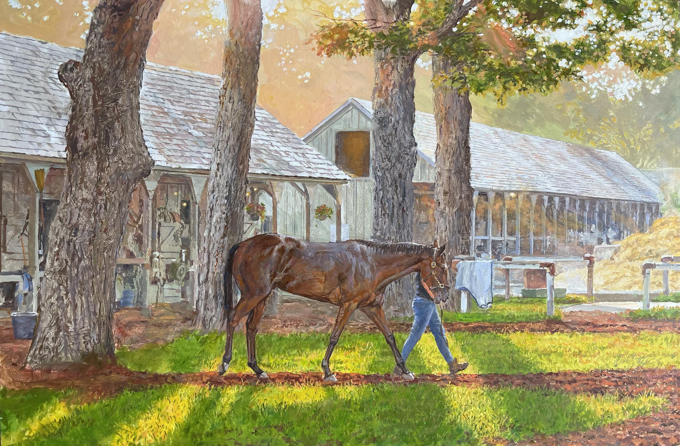 "Saratoga stables", is a 24x36 oil painting on canvas by artist Dahl Taylor featuring a brown horse being led back to the stable after morning workouts at Saratoga Race Course. Bright sun saturates the side of the green structure while a canopy of