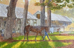 Peinture à l'huile sur toile "Saratoga Stables", course de chevaux d'équitation, par Dahl Taylor