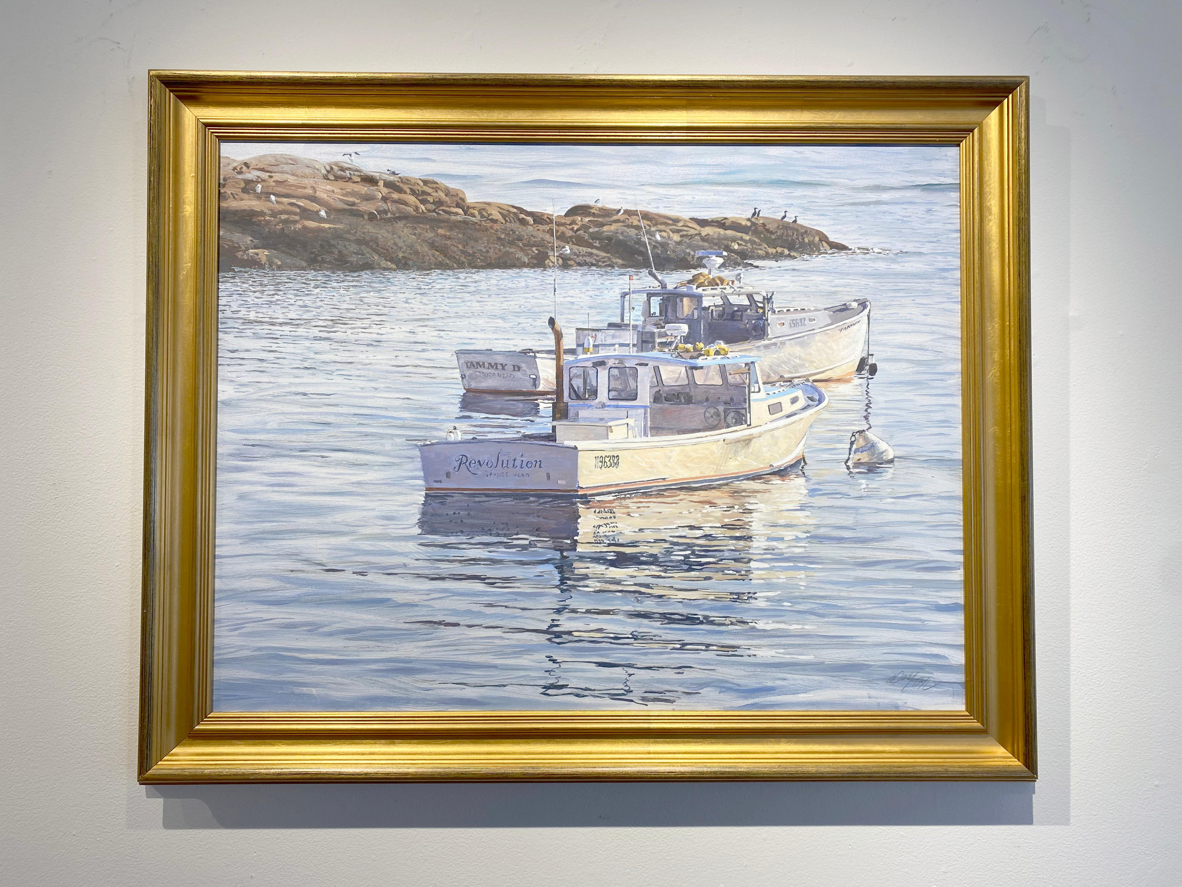 « Tammy D & Revolution », peinture à l'huile sur toile représentant un bateau maritime de 26 x 34 cm, par Dahl Taylor en vente 1