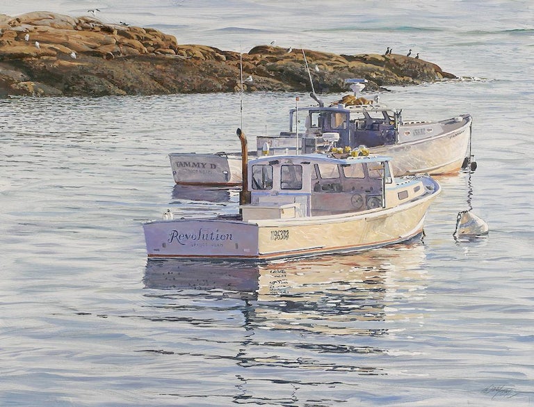 This piece, "Tammy D & Revolution", is a 26x34 oil painting on canvas by artist Dahl Taylor. Featured in this coastal painting are two boats bobbing in the bay. Sunlight hits the water and reflects the colors of the sky. Bits of the rocky shoreline