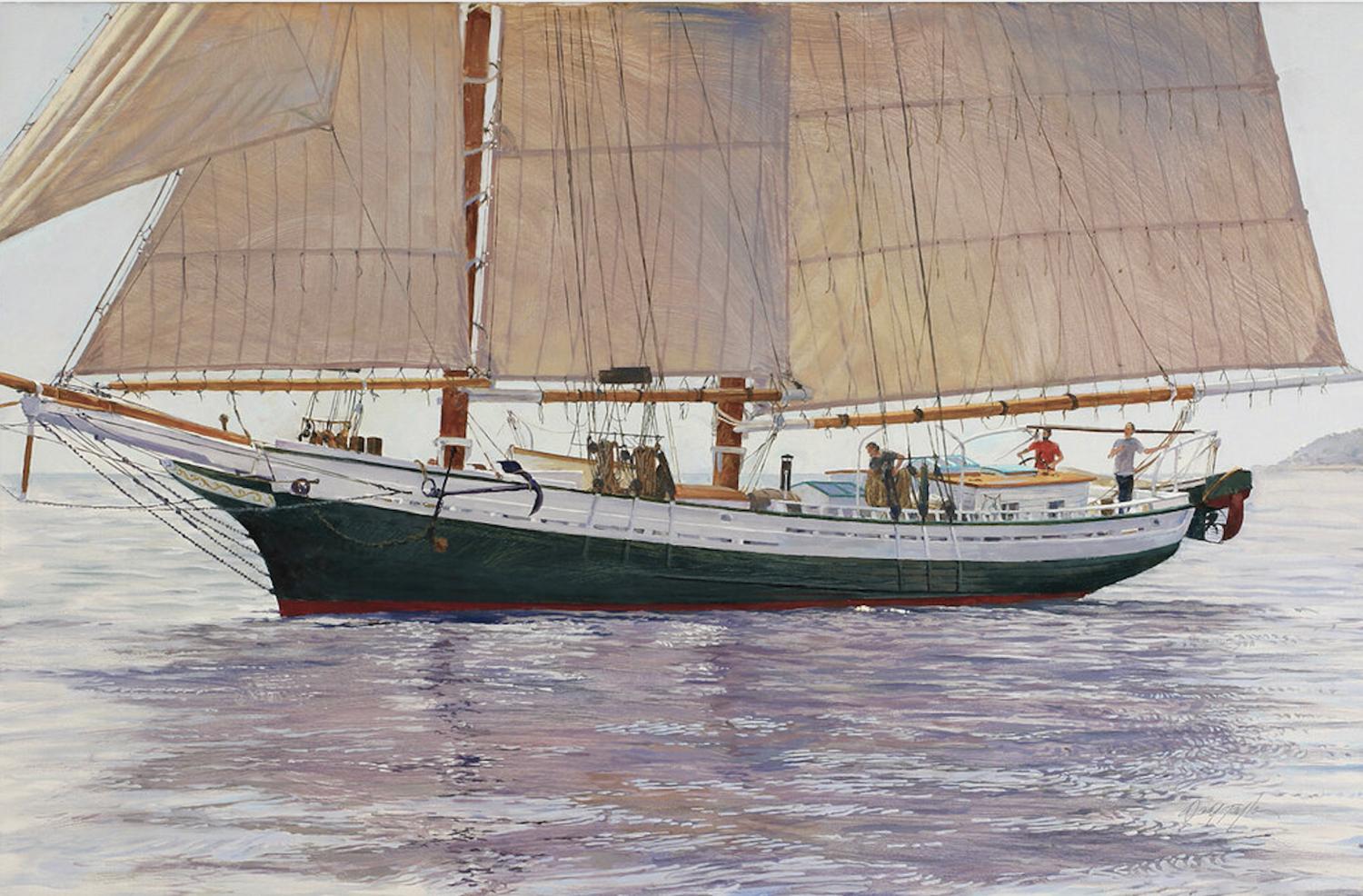 Das Werk "Waiting for a Chance" ist ein 24x36 großes Ölgemälde auf Leinwand des Künstlers Dahl Taylor, das eine maritime Szene mit einem großen Segelboot auf dem Wasser zeigt. 

Über den Künstler:
In über 30 Jahren hat Taylor an einer Vielzahl von