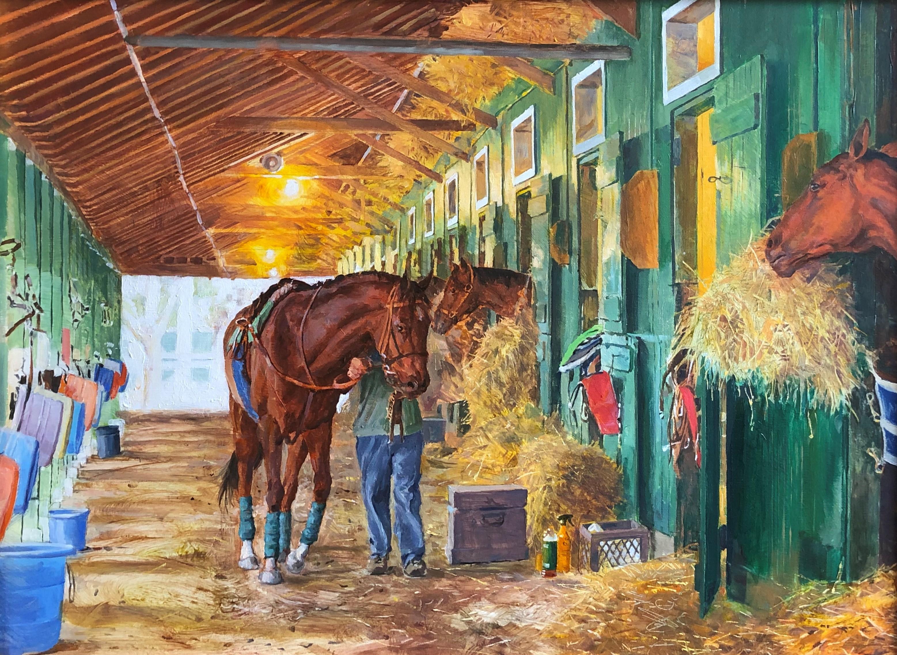 Dieses Werk, "Walking in the Stable", des Künstlers Dahl Taylor ist ein 22x30 großes Ölgemälde auf Leinwand  die das Innere der Ställe hinter der berühmten Rennbahn von Saratoga Springs zeigt. Zwei Pferde ruhen in ihren Boxen, während ein Pferd auf