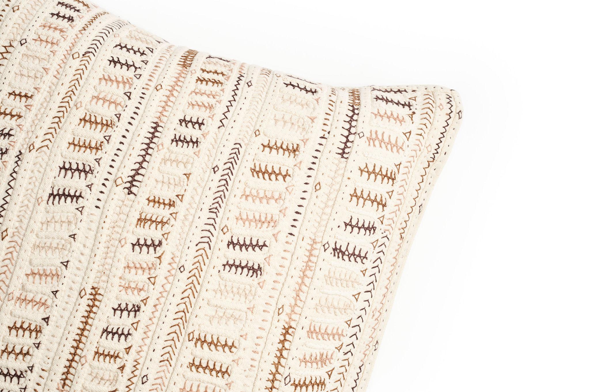 Bohemian Dahli Brown Pillow Hand Embroidered on Handwoven Organic Cotton by Artisans For Sale