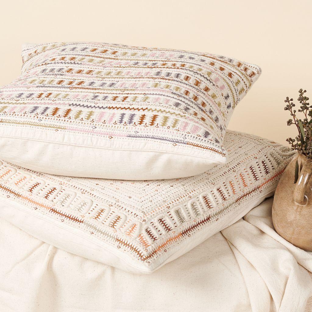 Hand-Woven Dahli Cora Pillow Fully Hand Embroidered on Handwoven Organic Cotton by Artisans For Sale