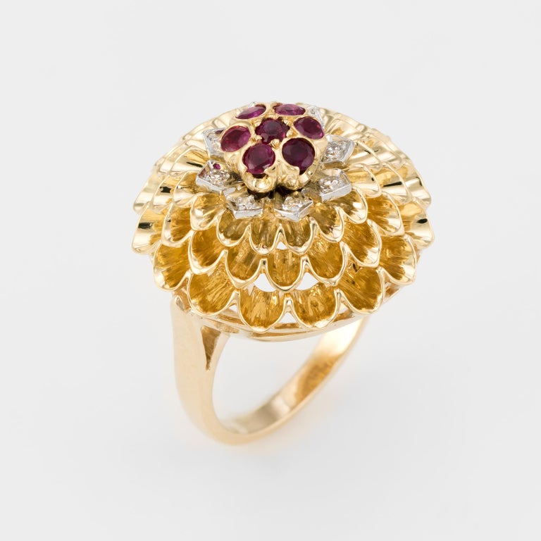 Dahlia Flower Cocktail Ring Vintage 14 Karat Yellow Gold Estate Fine
