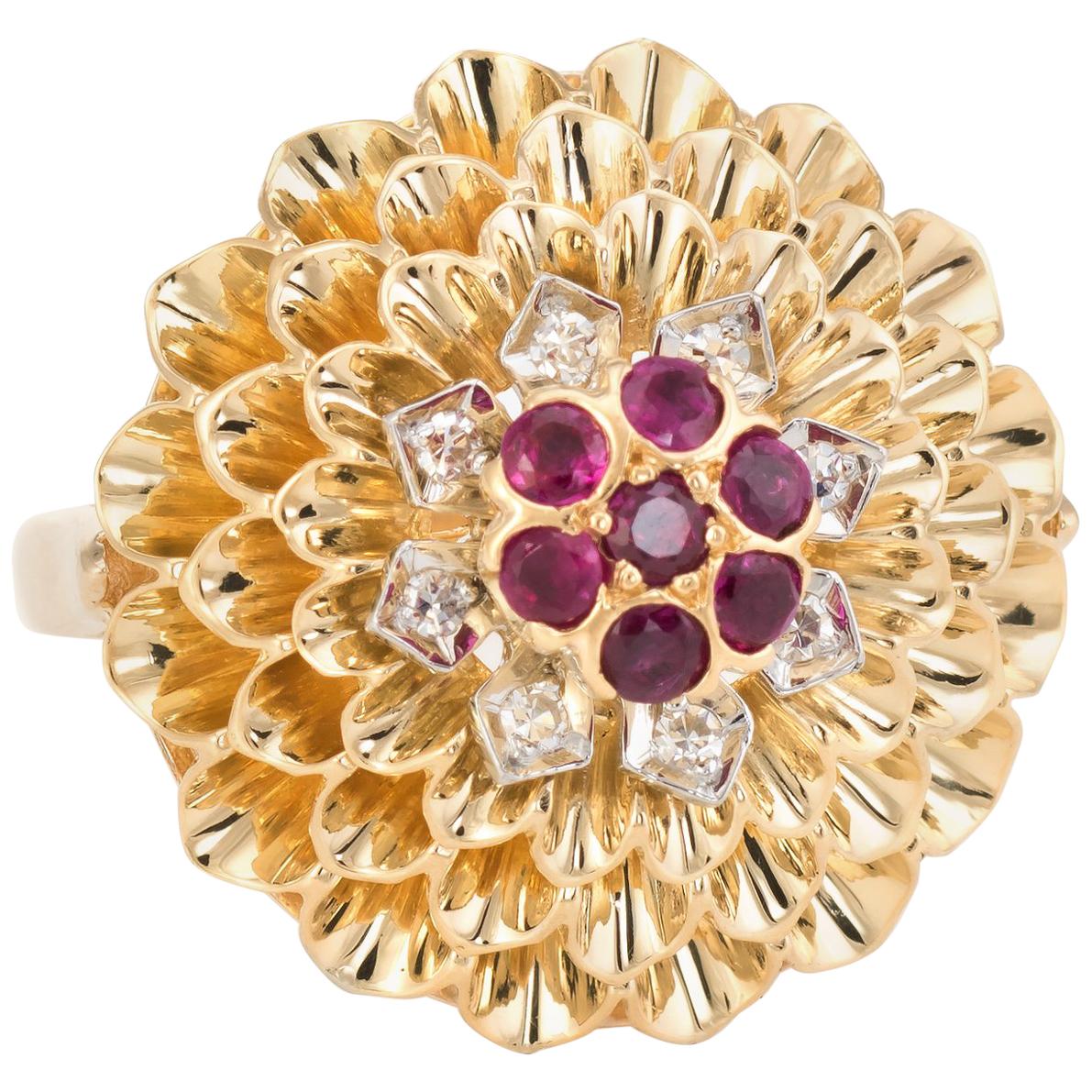 Dahlia Flower Cocktail Ring Vintage 14 Karat Yellow Gold Estate Fine