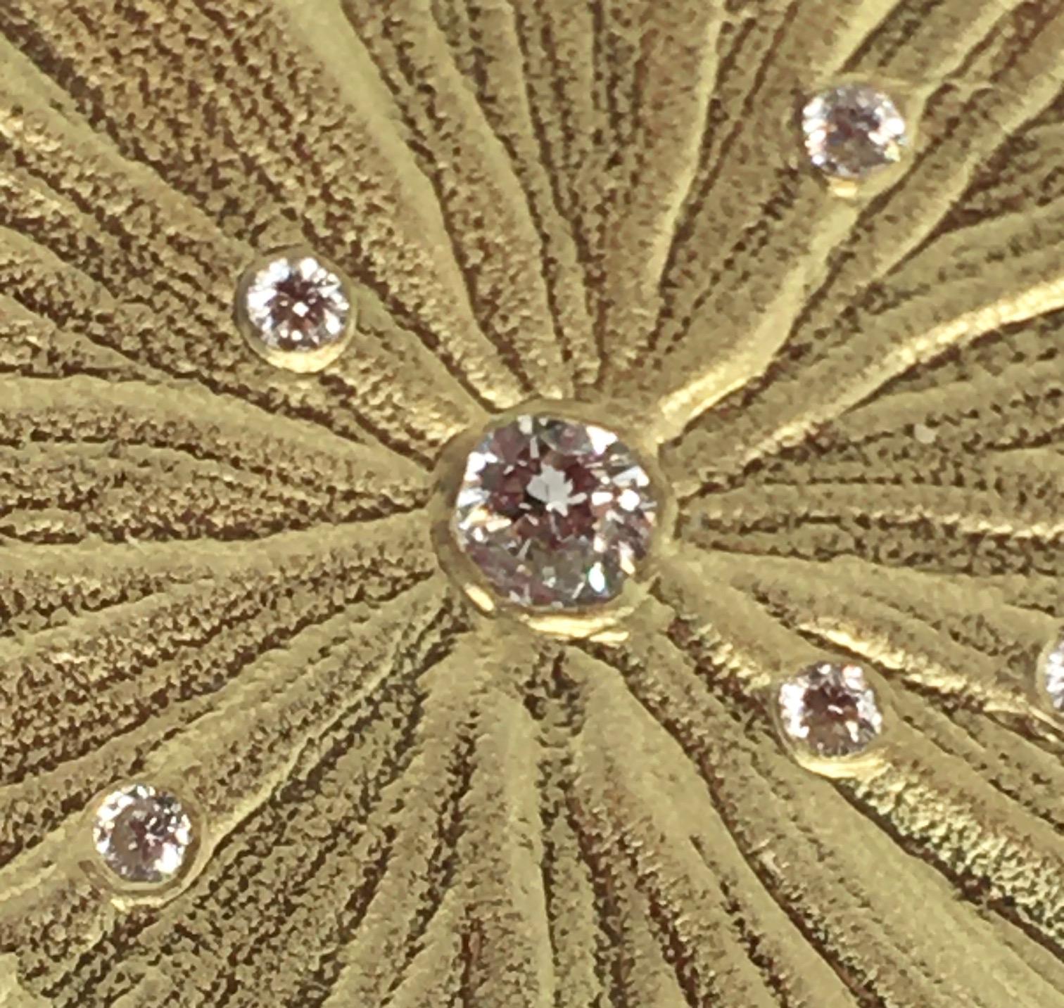 This Dahlia Kanner piece is a lovely example from her Dig collection.  Dahlia describes her Dig pieces as having subtle texture that reminds her of both low relief wood carvings and spools of silk.

The 21 mm shield pendant of 18k yellow gold is