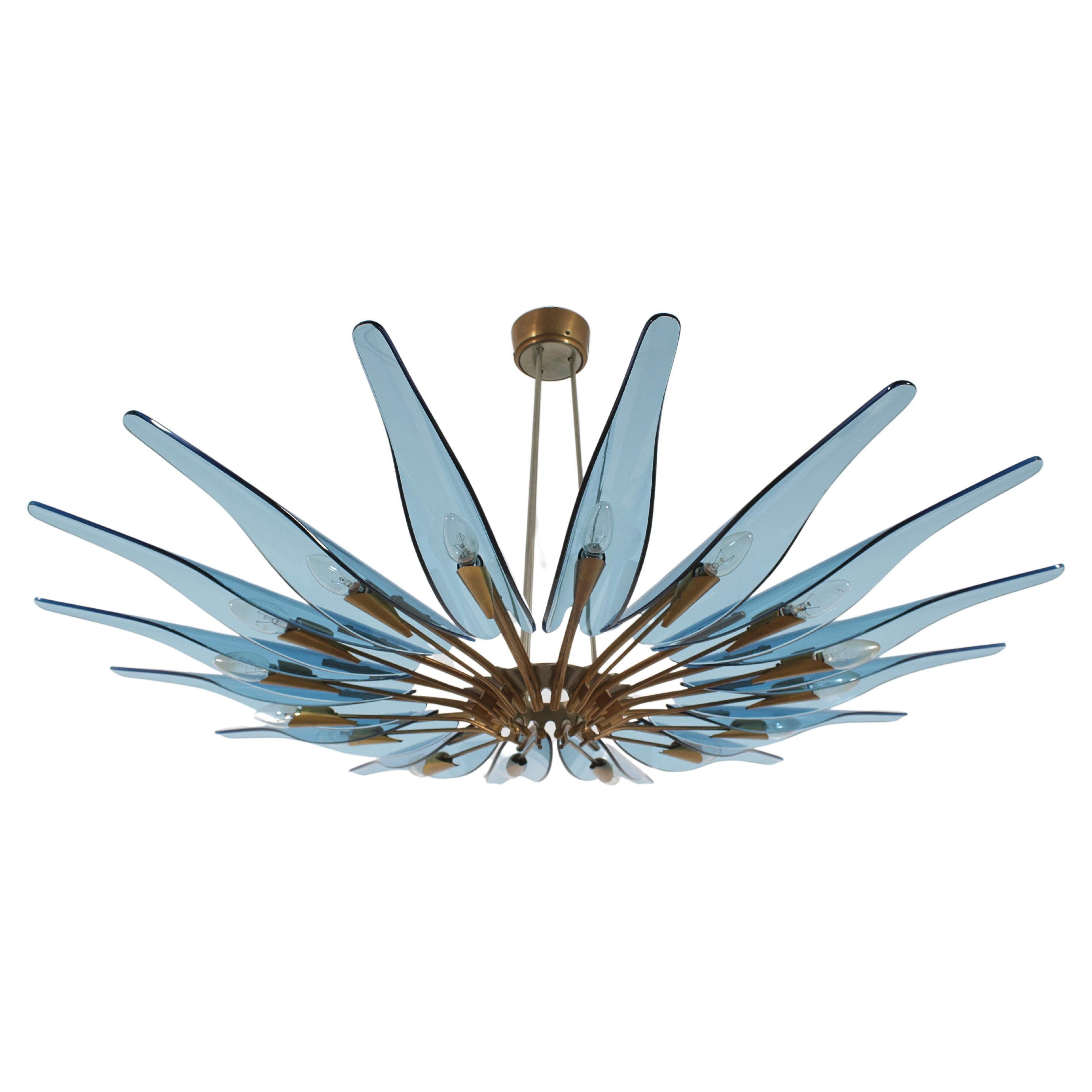 "Dahlia" mod. 1563 M. Ingrand for Fontana Arte Brass Glass Chandelier Italy 50s