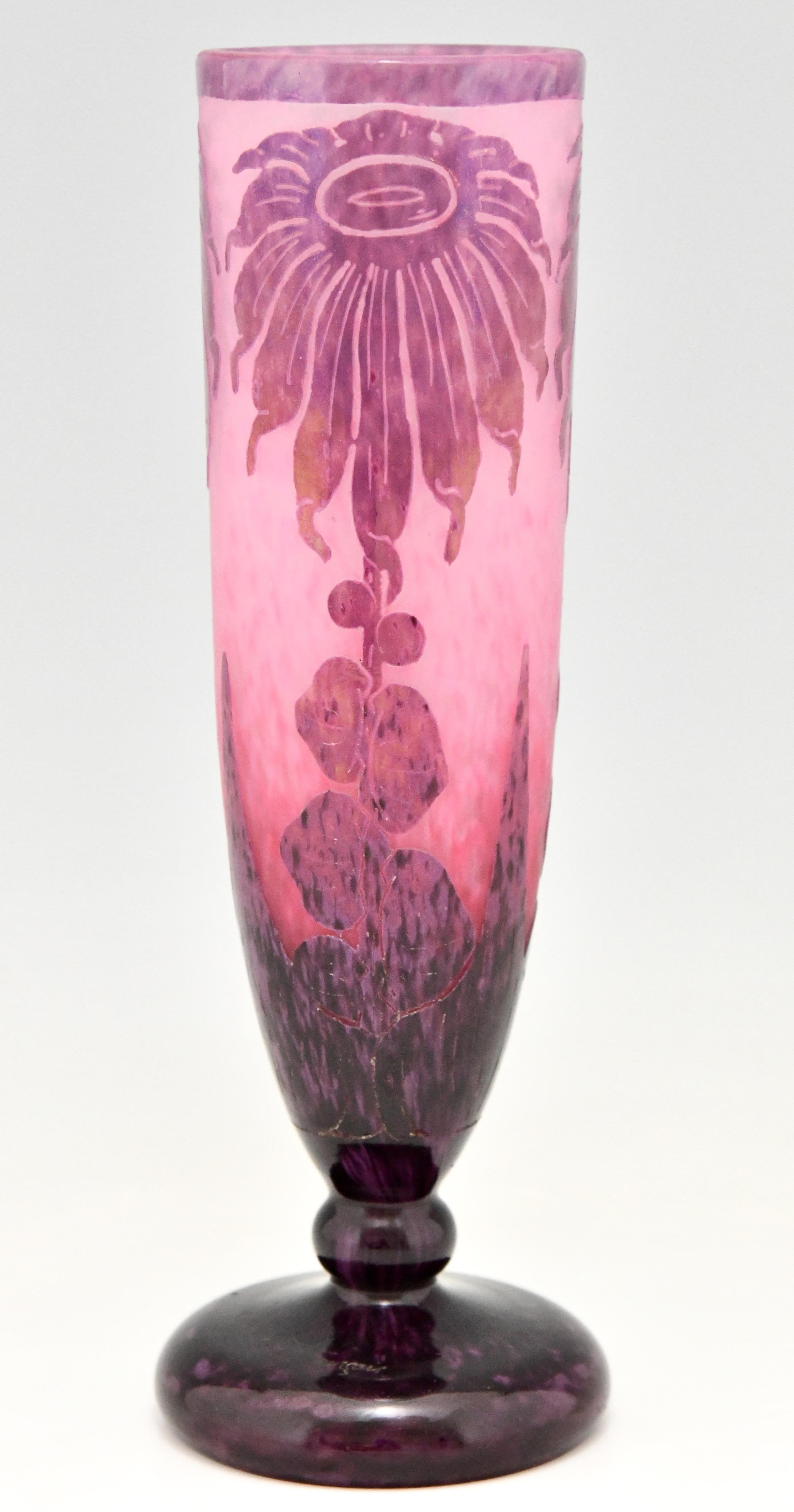French Dahlias Art Deco Cameo Glass Vase with Flowers Le Verre Français, 1923